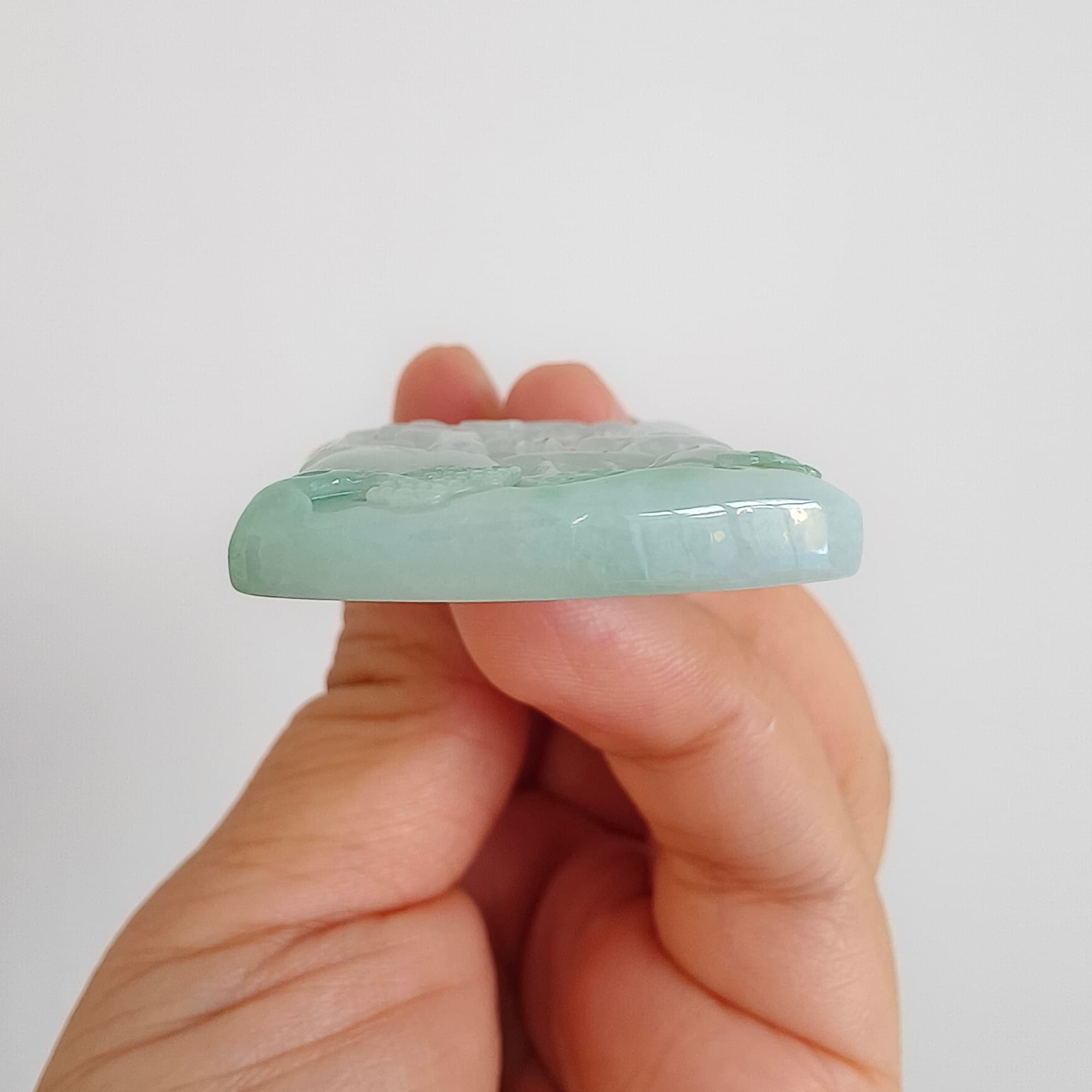 DDP 45.5mm Unique Natural Certificated Type A Untreated Icy Light Green Burmese Jadeite Rectangle Pendant With Landscape Carved