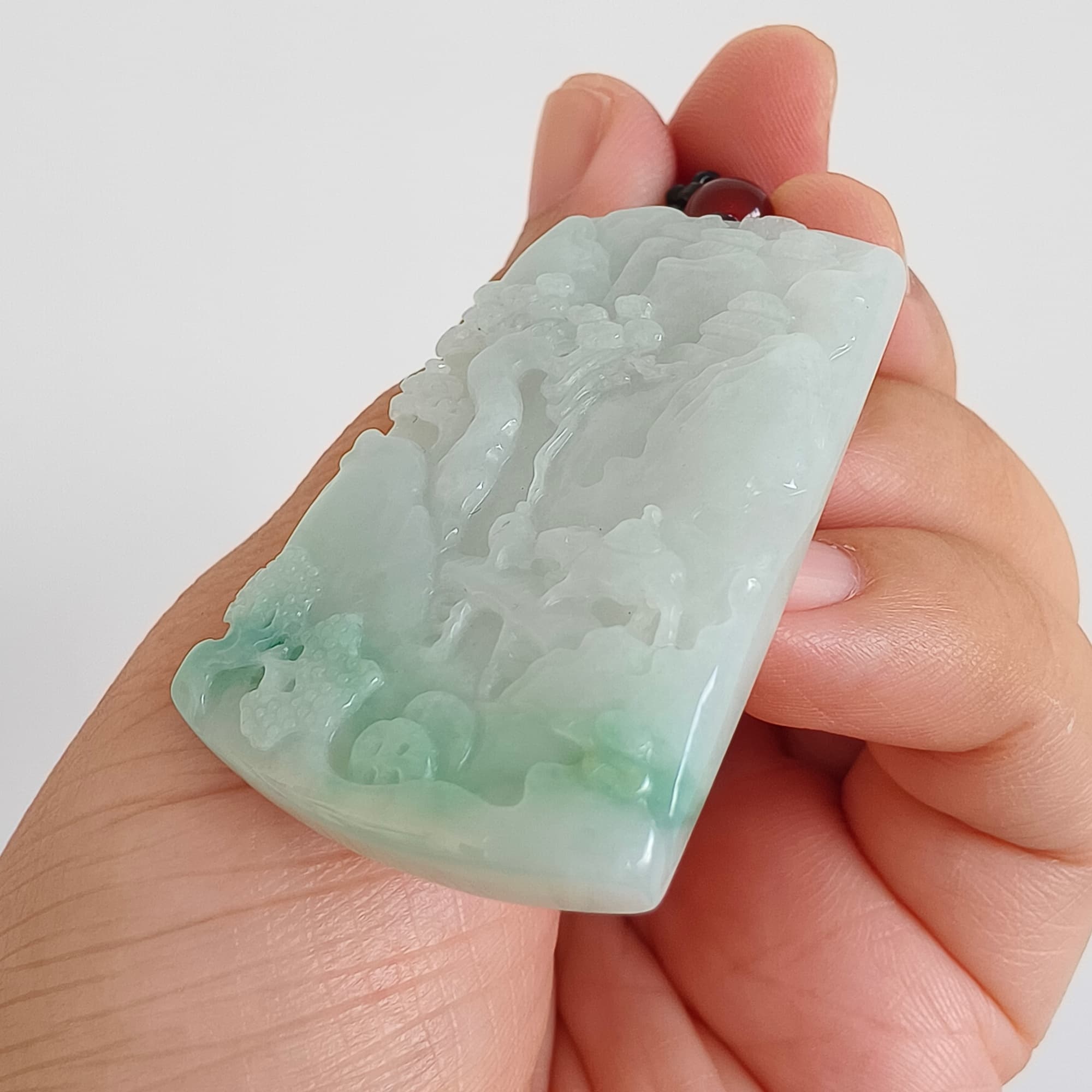DDP 45.5mm Unique Natural Certificated Type A Untreated Icy Light Green Burmese Jadeite Rectangle Pendant With Landscape Carved