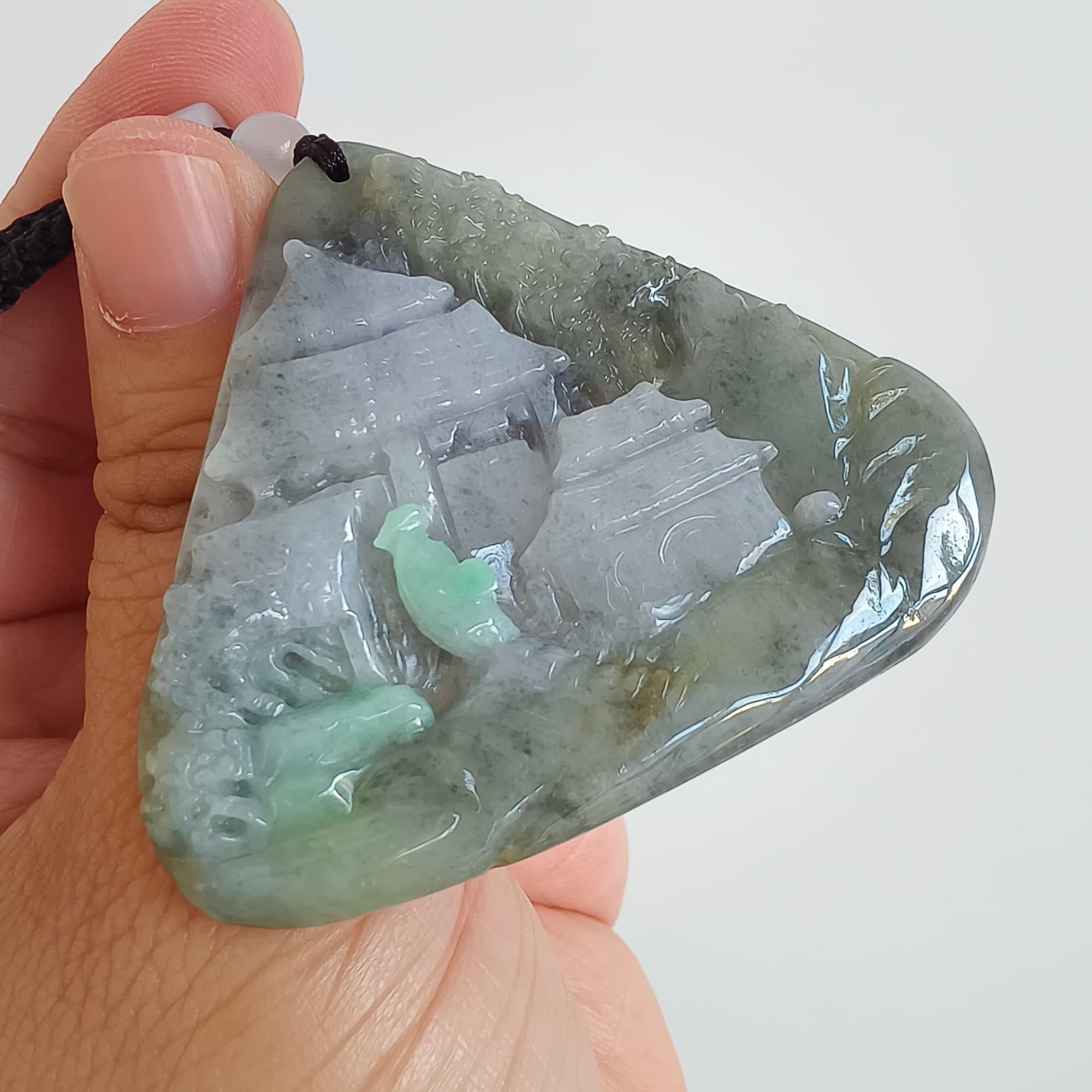 DDP 58mm Natural Type A Untreated Black Chicken Species Burmese Jadeite Triangle Pendant With Landscape Carved