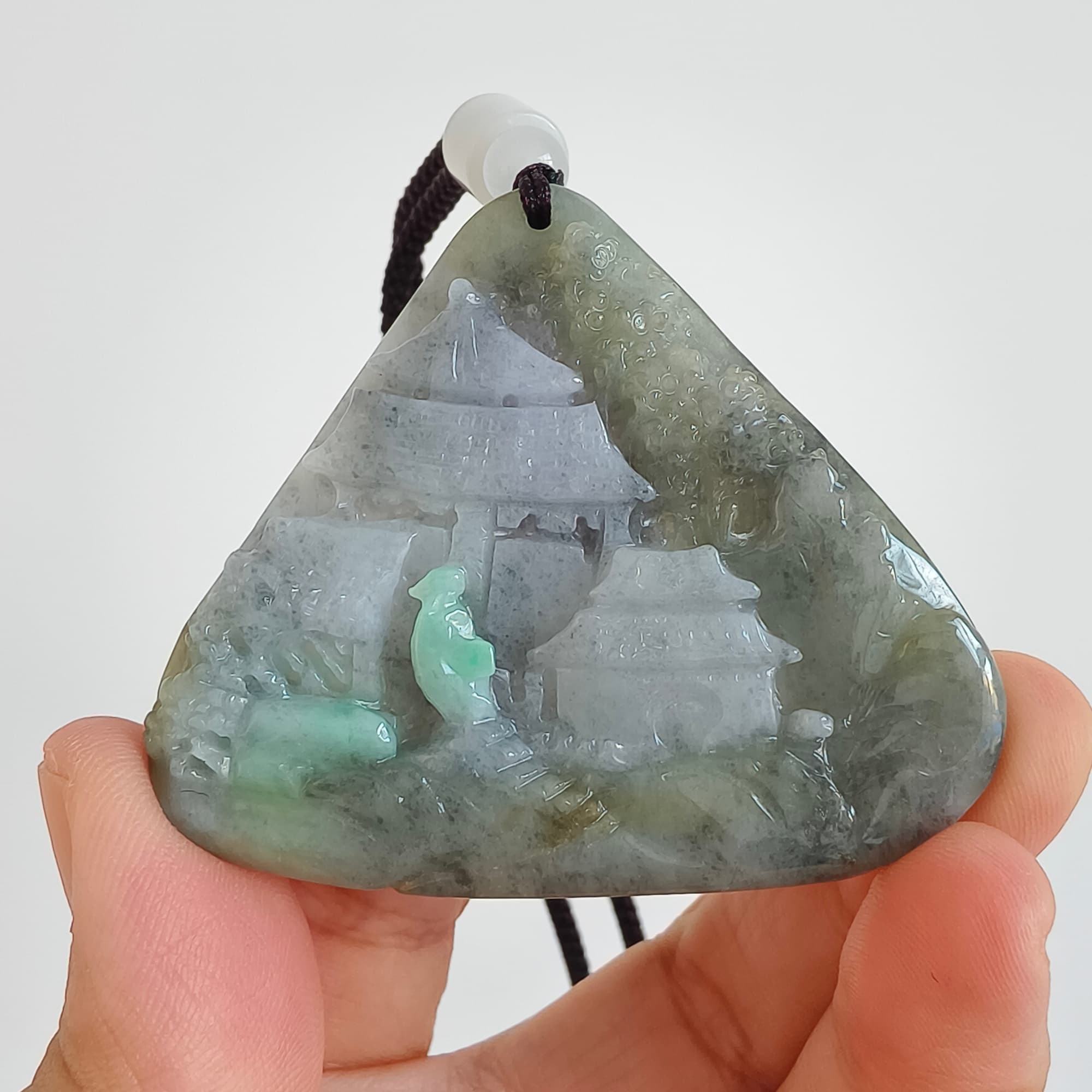 DDP 58mm Natural Type A Untreated Black Chicken Species Burmese Jadeite Triangle Pendant With Landscape Carved