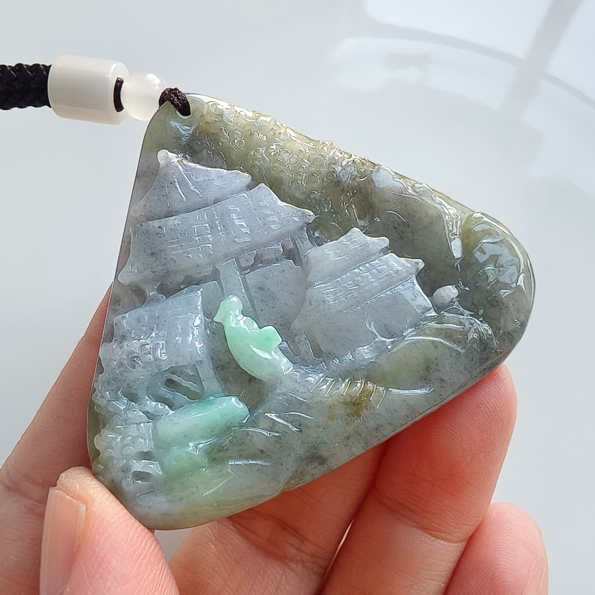 DDP 58mm Natural Type A Untreated Black Chicken Species Burmese Jadeite Triangle Pendant With Landscape Carved