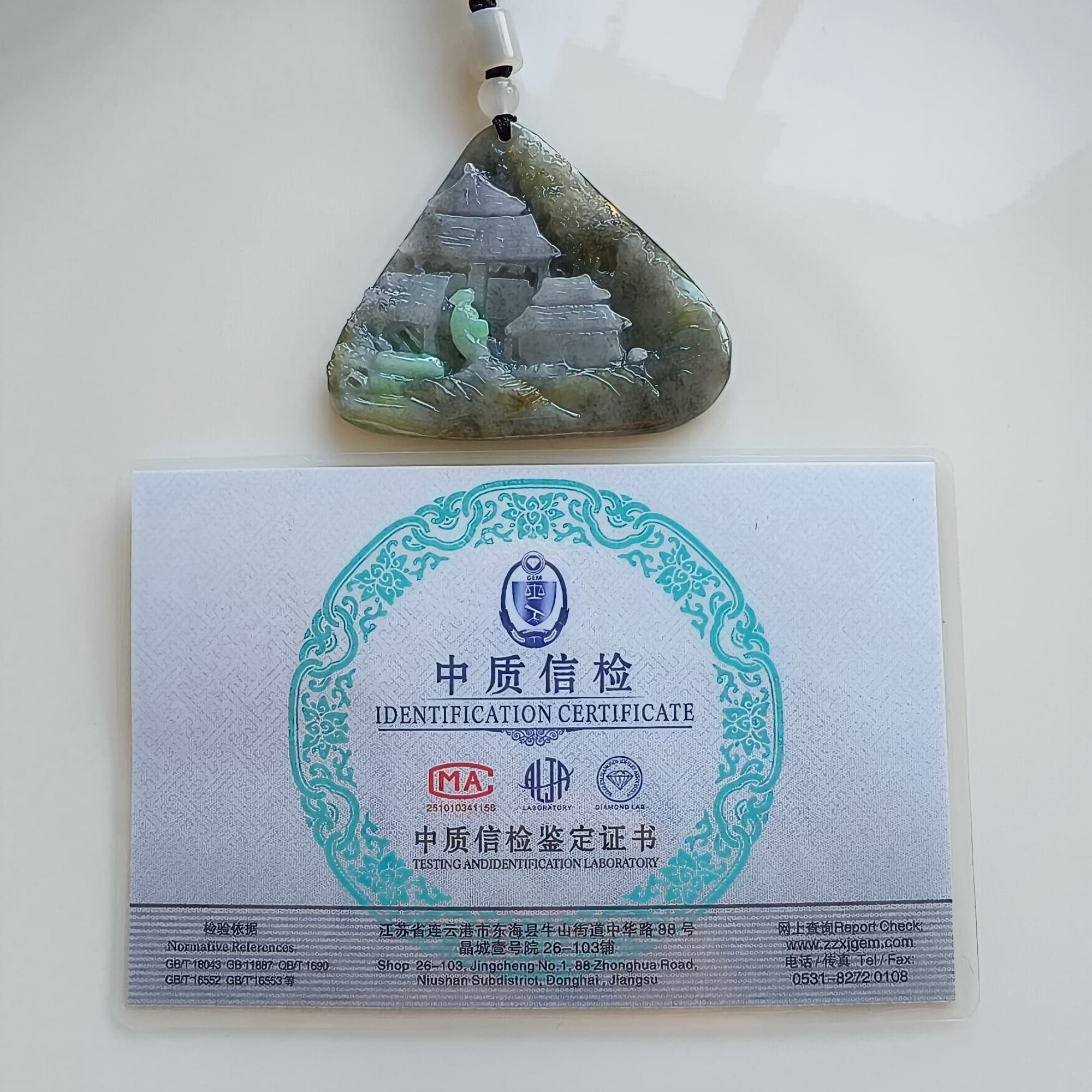 DDP 58mm Natural Type A Untreated Black Chicken Species Burmese Jadeite Triangle Pendant With Landscape Carved