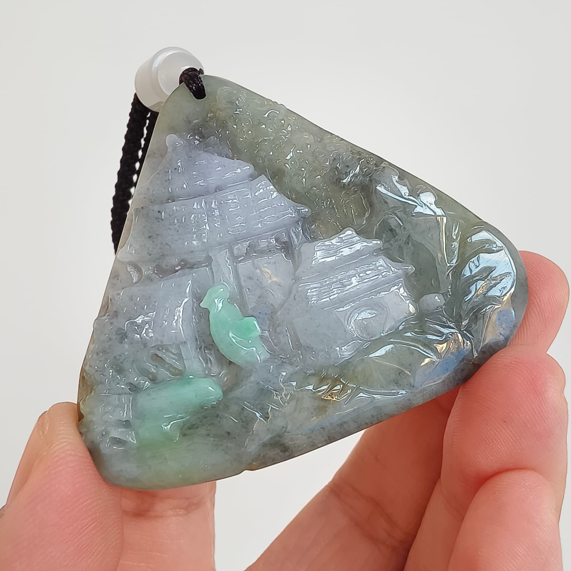 DDP 58mm Natural Type A Untreated Black Chicken Species Burmese Jadeite Triangle Pendant With Landscape Carved