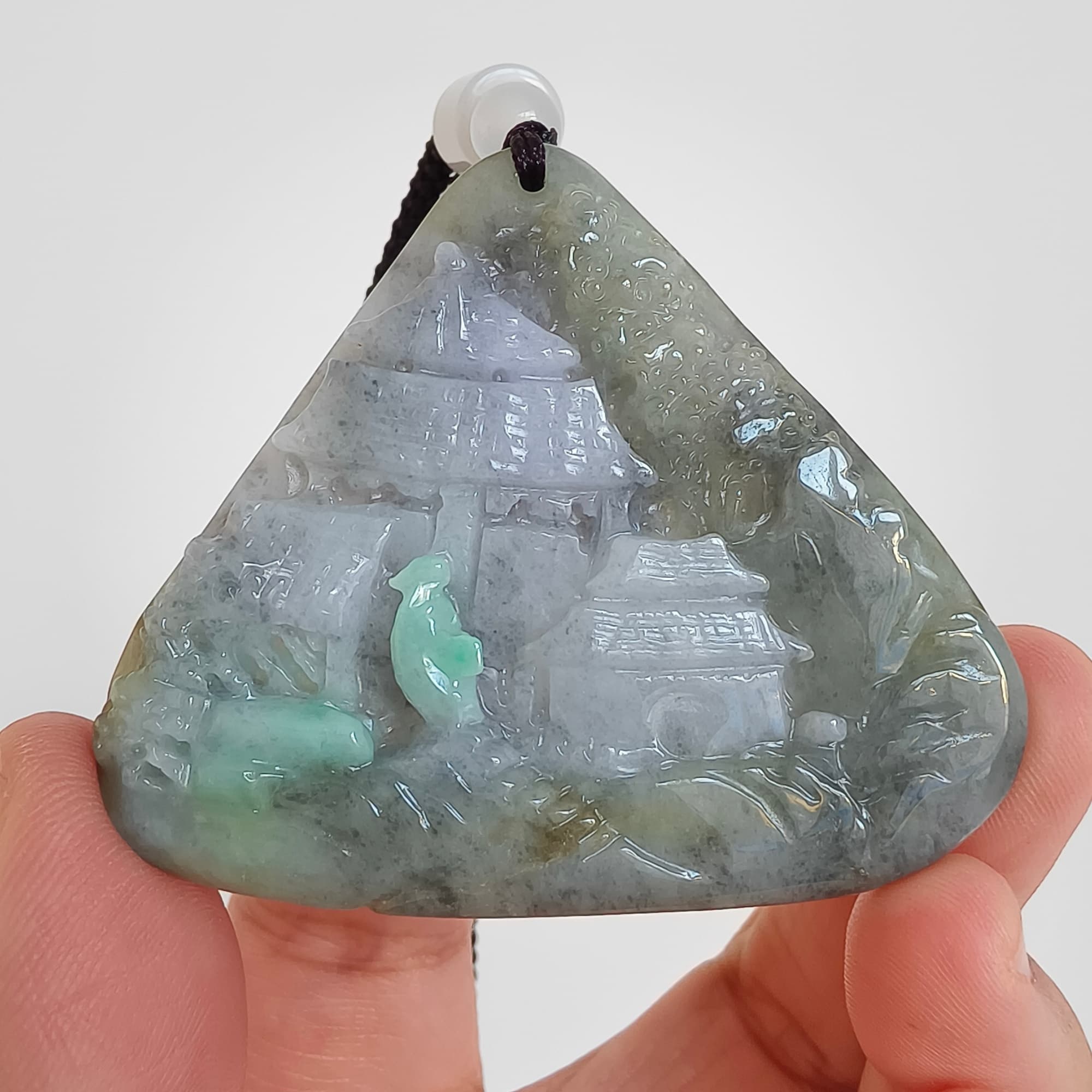 DDP 58mm Natural Type A Untreated Black Chicken Species Burmese Jadeite Triangle Pendant With Landscape Carved
