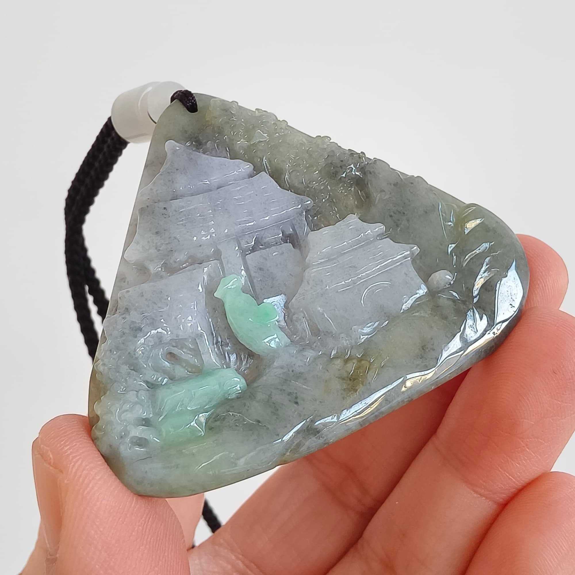 DDP 58mm Natural Type A Untreated Black Chicken Species Burmese Jadeite Triangle Pendant With Landscape Carved
