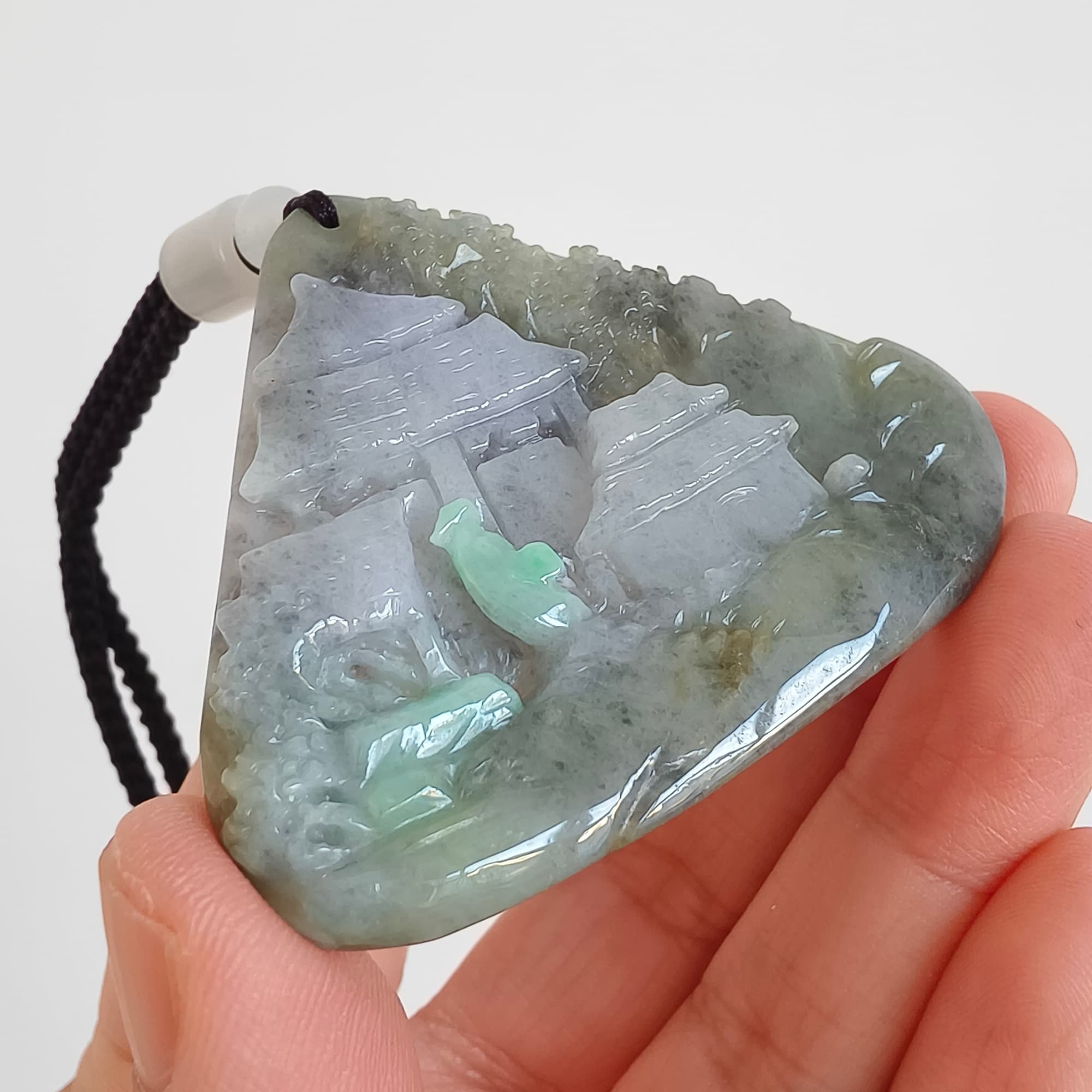 DDP 58mm Natural Type A Untreated Black Chicken Species Burmese Jadeite Triangle Pendant With Landscape Carved