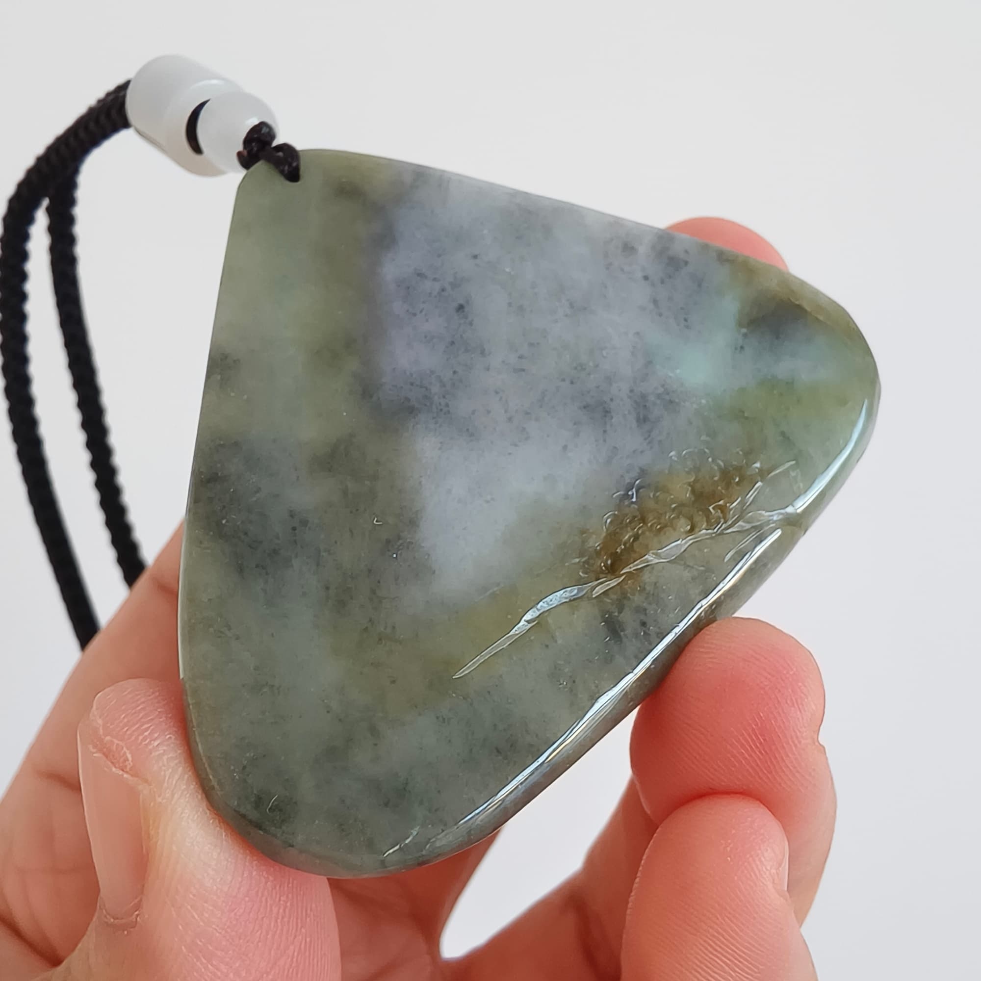 DDP 58mm Natural Type A Untreated Black Chicken Species Burmese Jadeite Triangle Pendant With Landscape Carved