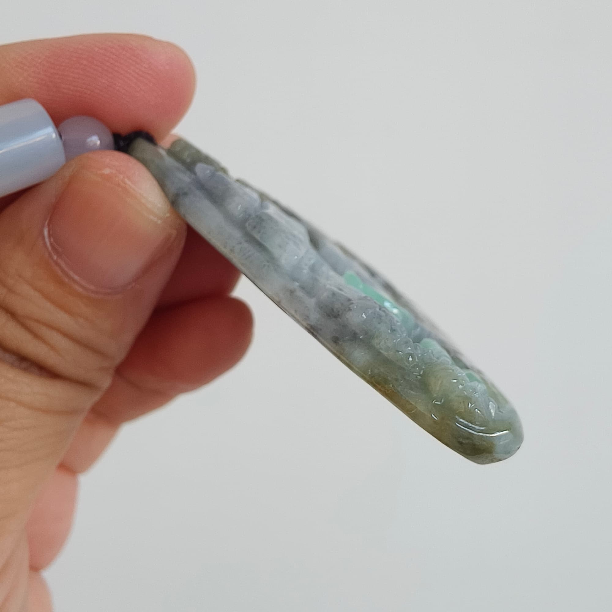 DDP 58mm Natural Type A Untreated Black Chicken Species Burmese Jadeite Triangle Pendant With Landscape Carved