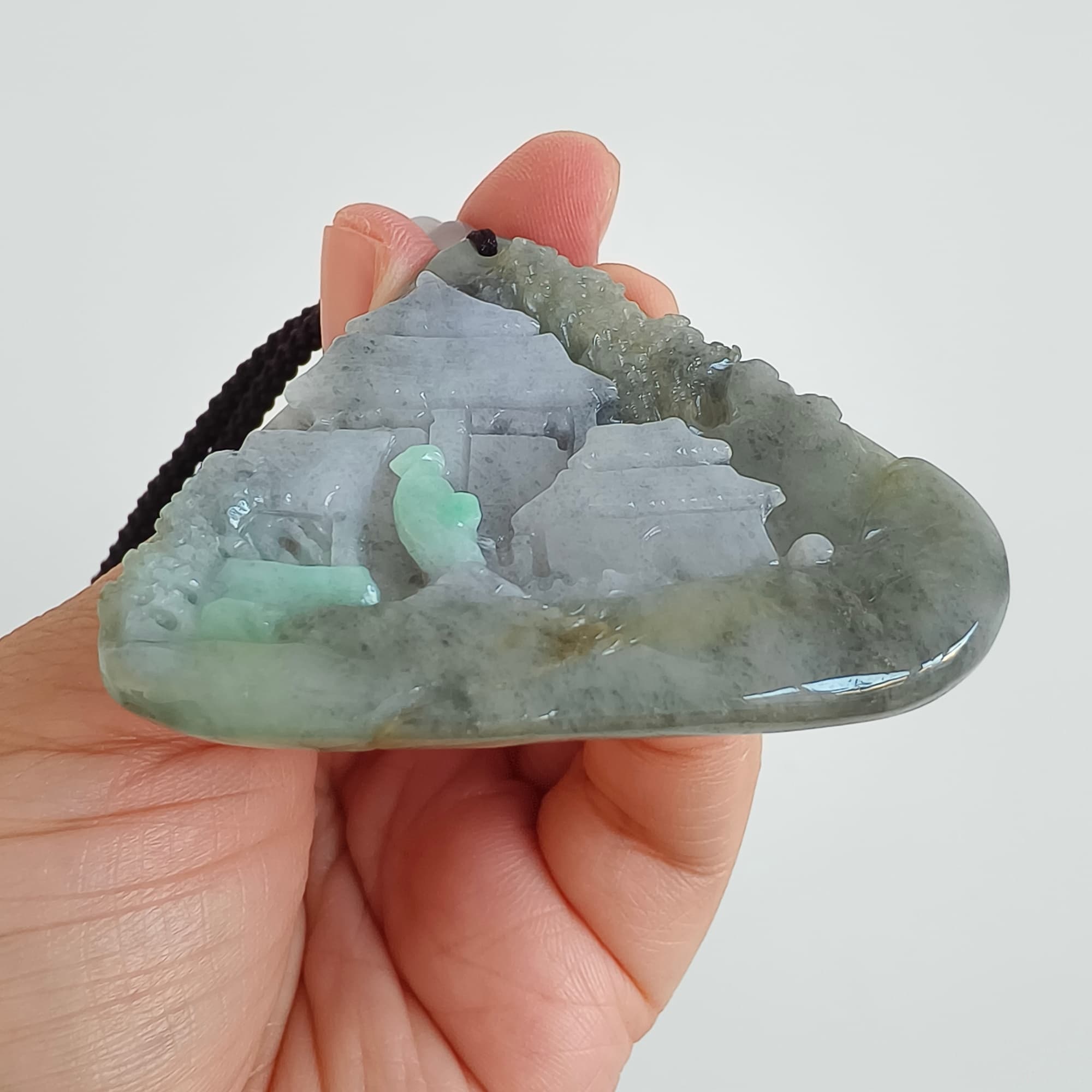 DDP 58mm Natural Type A Untreated Black Chicken Species Burmese Jadeite Triangle Pendant With Landscape Carved