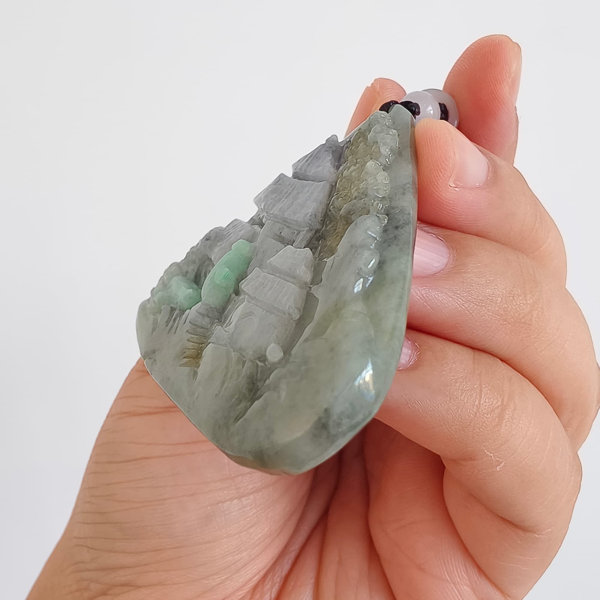 DDP 58mm Natural Type A Untreated Black Chicken Species Burmese Jadeite Triangle Pendant With Landscape Carved