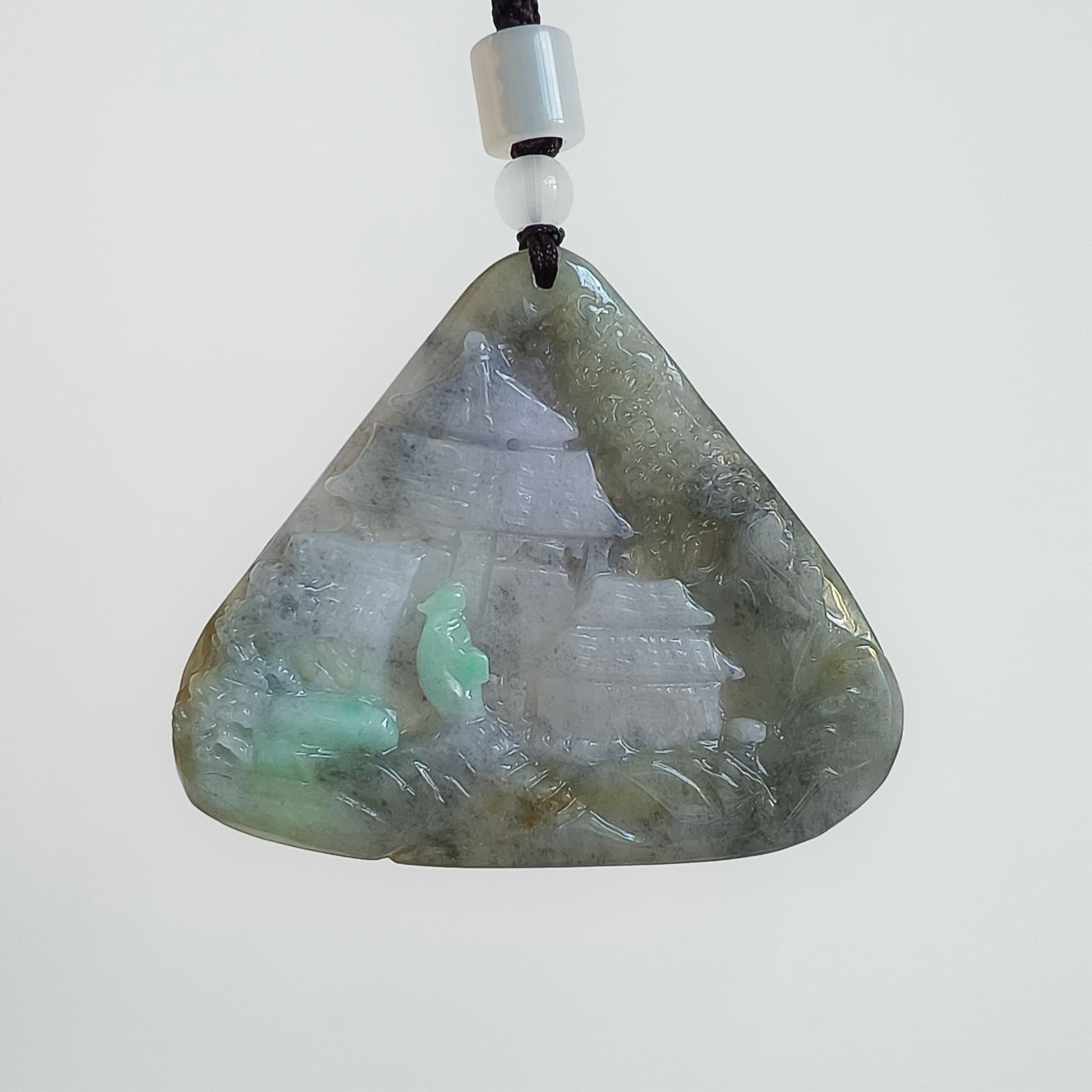 DDP 58mm Natural Type A Untreated Black Chicken Species Burmese Jadeite Triangle Pendant With Landscape Carved