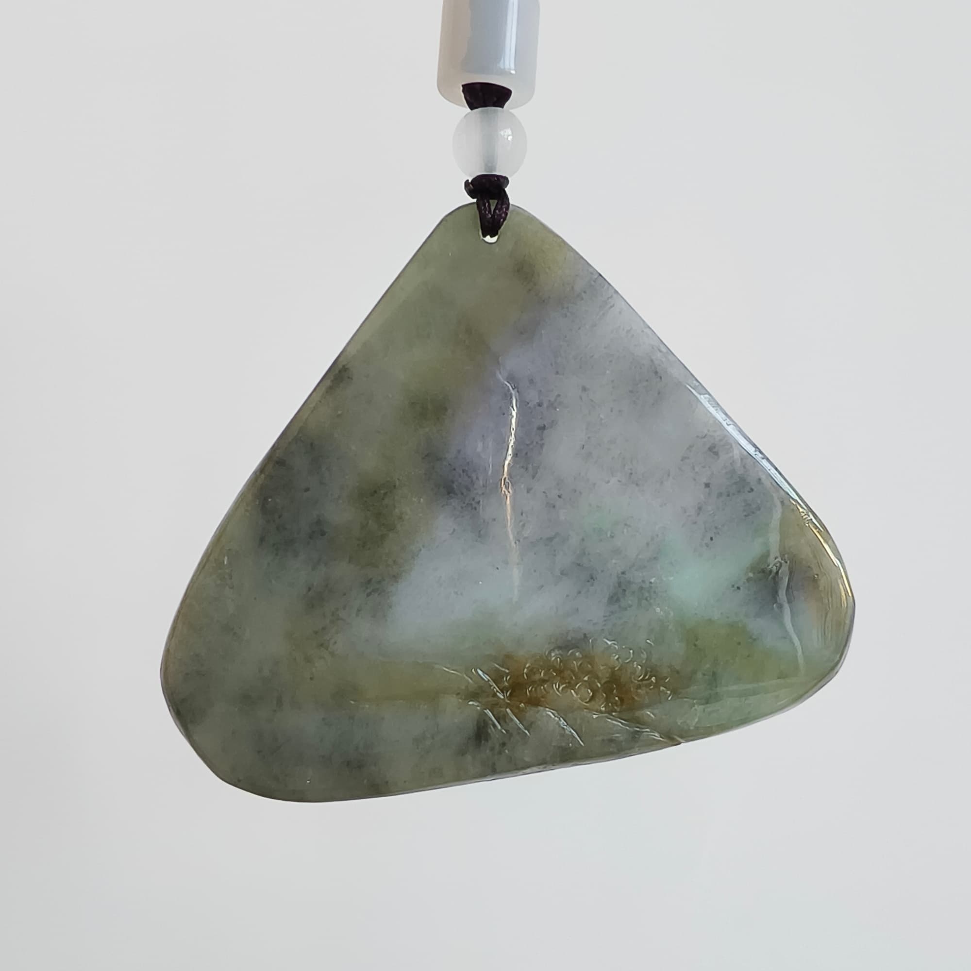 DDP 58mm Natural Type A Untreated Black Chicken Species Burmese Jadeite Triangle Pendant With Landscape Carved