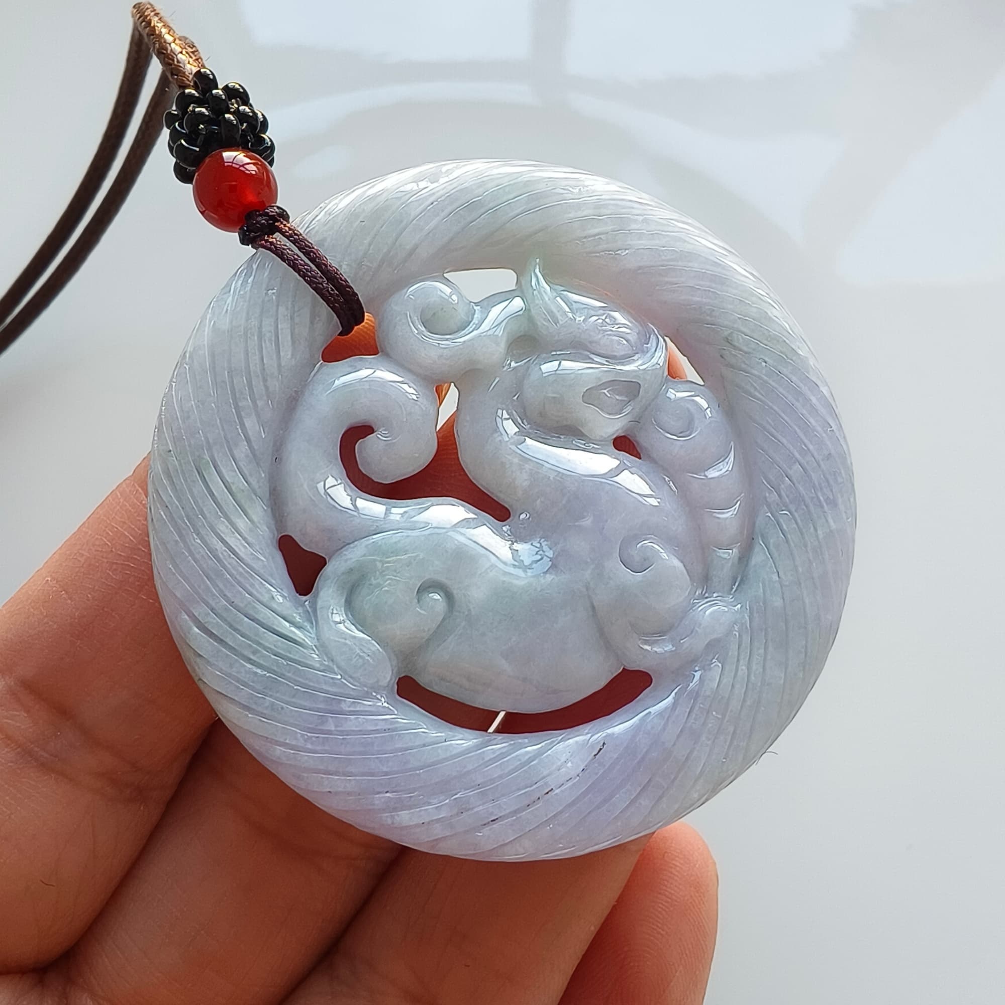 DDP 51mm Unique Natural Certificated Type A Untreated Light Green Lavender Burmese Jadeite Round Pendant With Qilin Carved