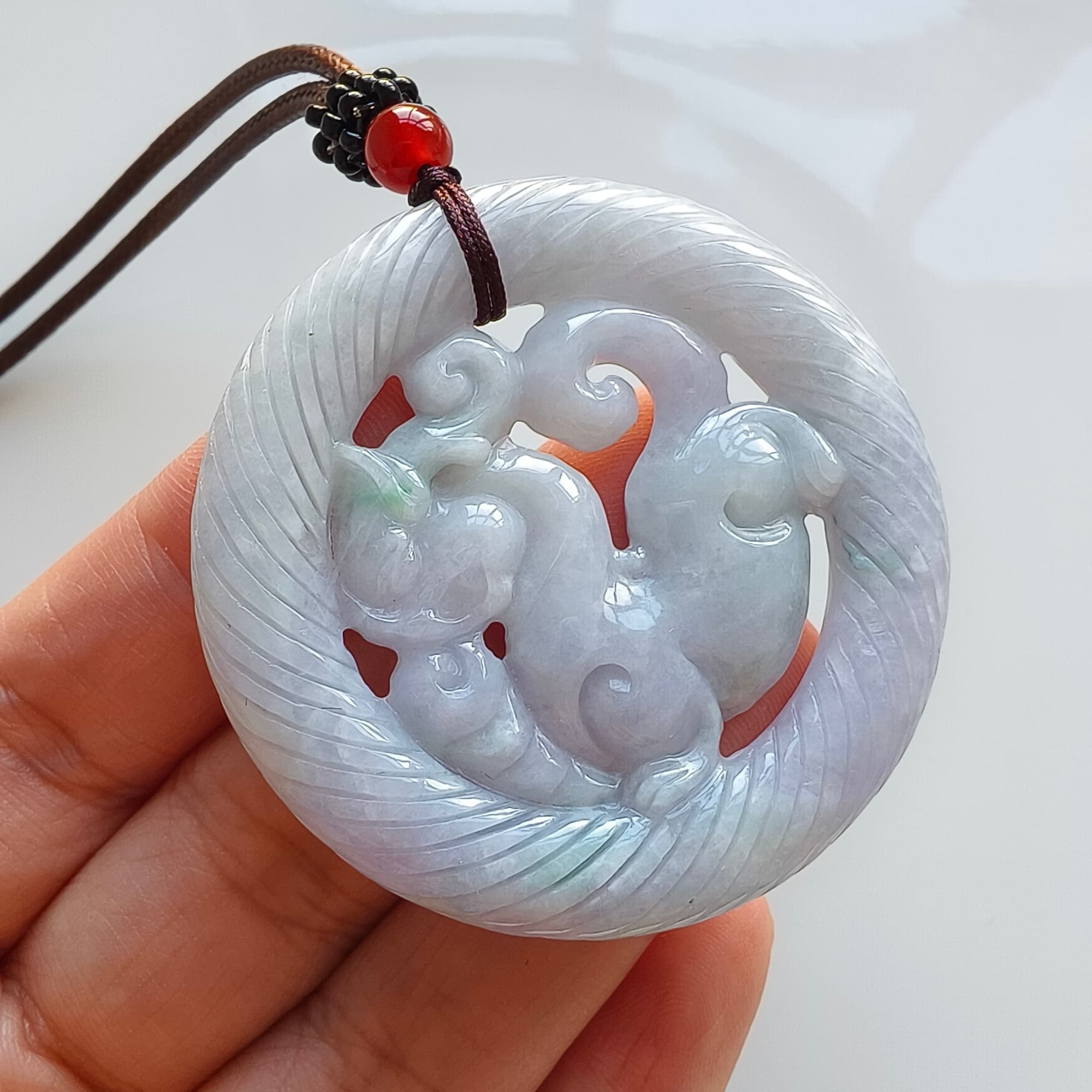 DDP 51mm Unique Natural Certificated Type A Untreated Light Green Lavender Burmese Jadeite Round Pendant With Qilin Carved