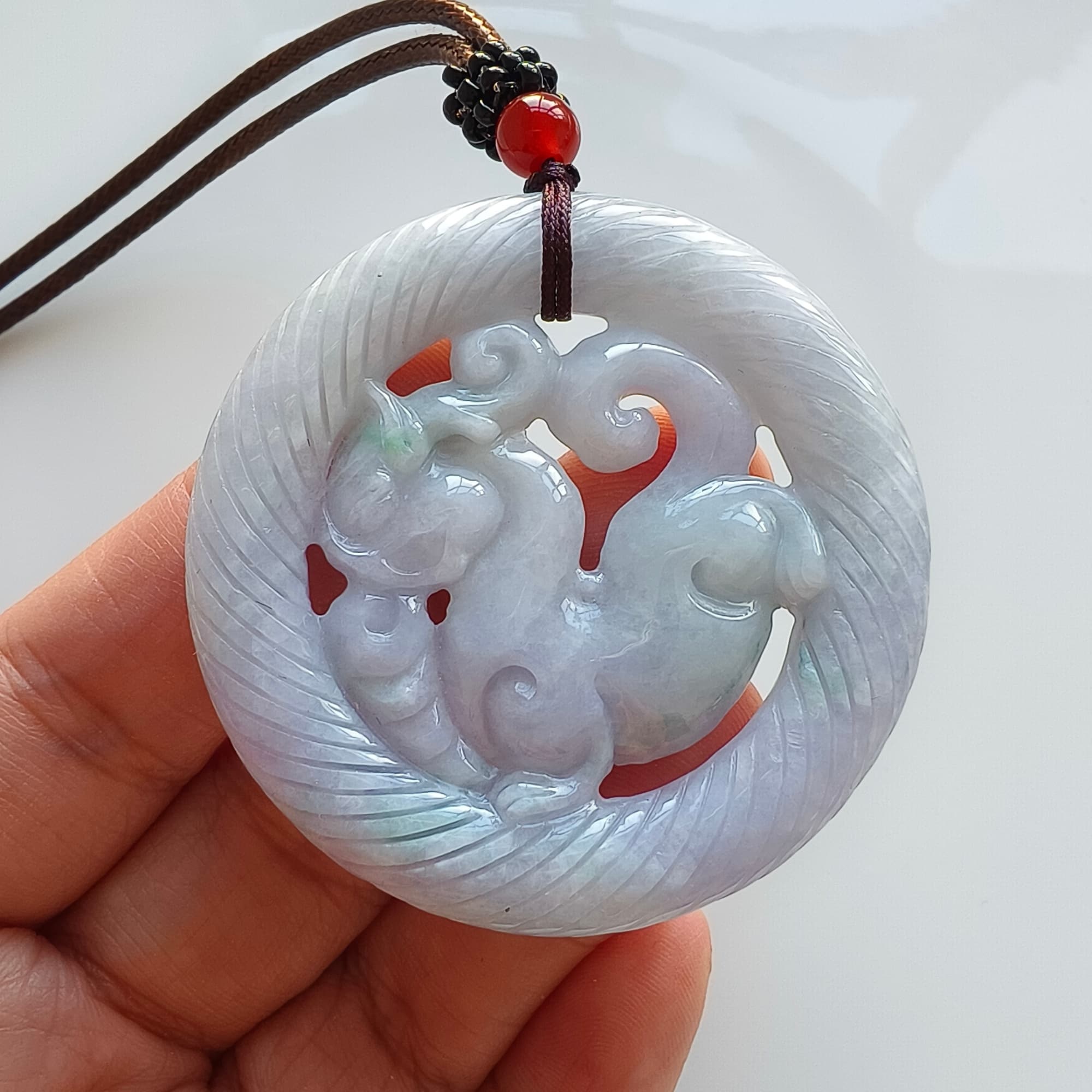 DDP 51mm Unique Natural Certificated Type A Untreated Light Green Lavender Burmese Jadeite Round Pendant With Qilin Carved