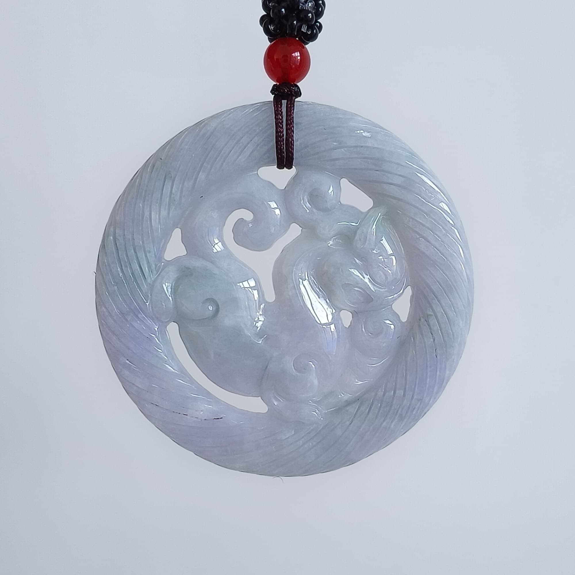 DDP 51mm Unique Natural Certificated Type A Untreated Light Green Lavender Burmese Jadeite Round Pendant With Qilin Carved