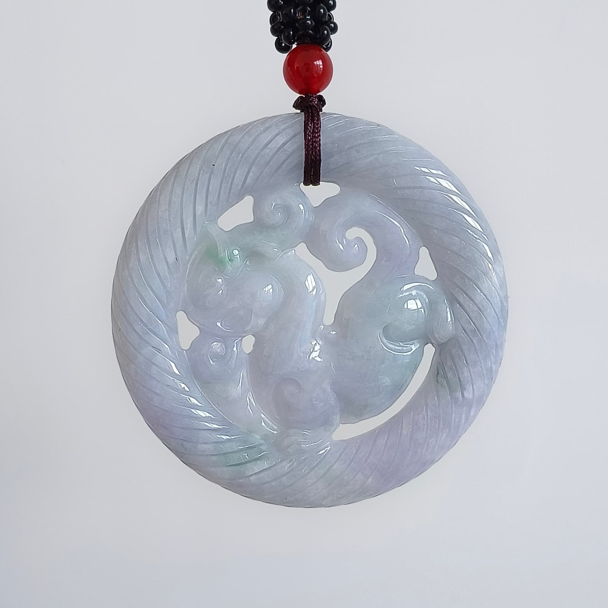 DDP 51mm Unique Natural Certificated Type A Untreated Light Green Lavender Burmese Jadeite Round Pendant With Qilin Carved