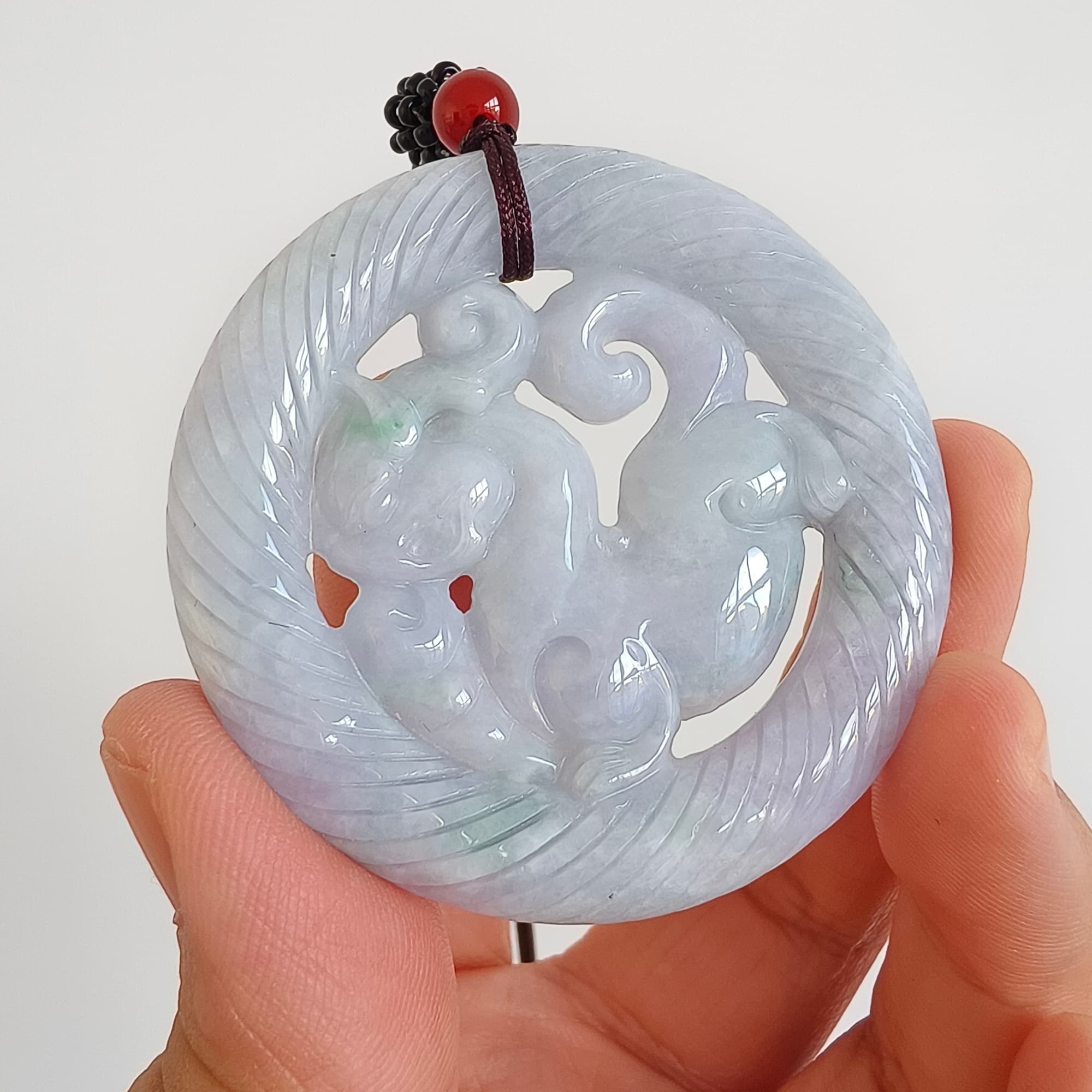 DDP 51mm Unique Natural Certificated Type A Untreated Light Green Lavender Burmese Jadeite Round Pendant With Qilin Carved