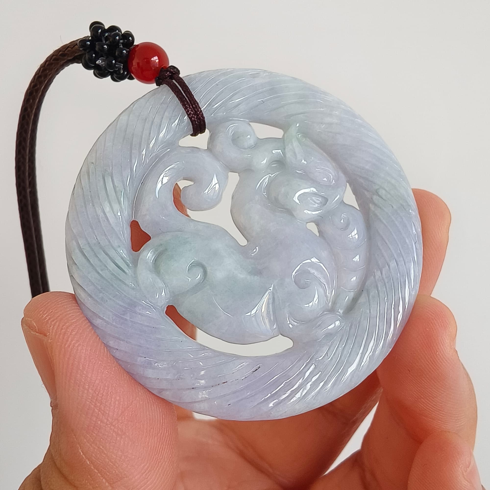 DDP 51mm Unique Natural Certificated Type A Untreated Light Green Lavender Burmese Jadeite Round Pendant With Qilin Carved