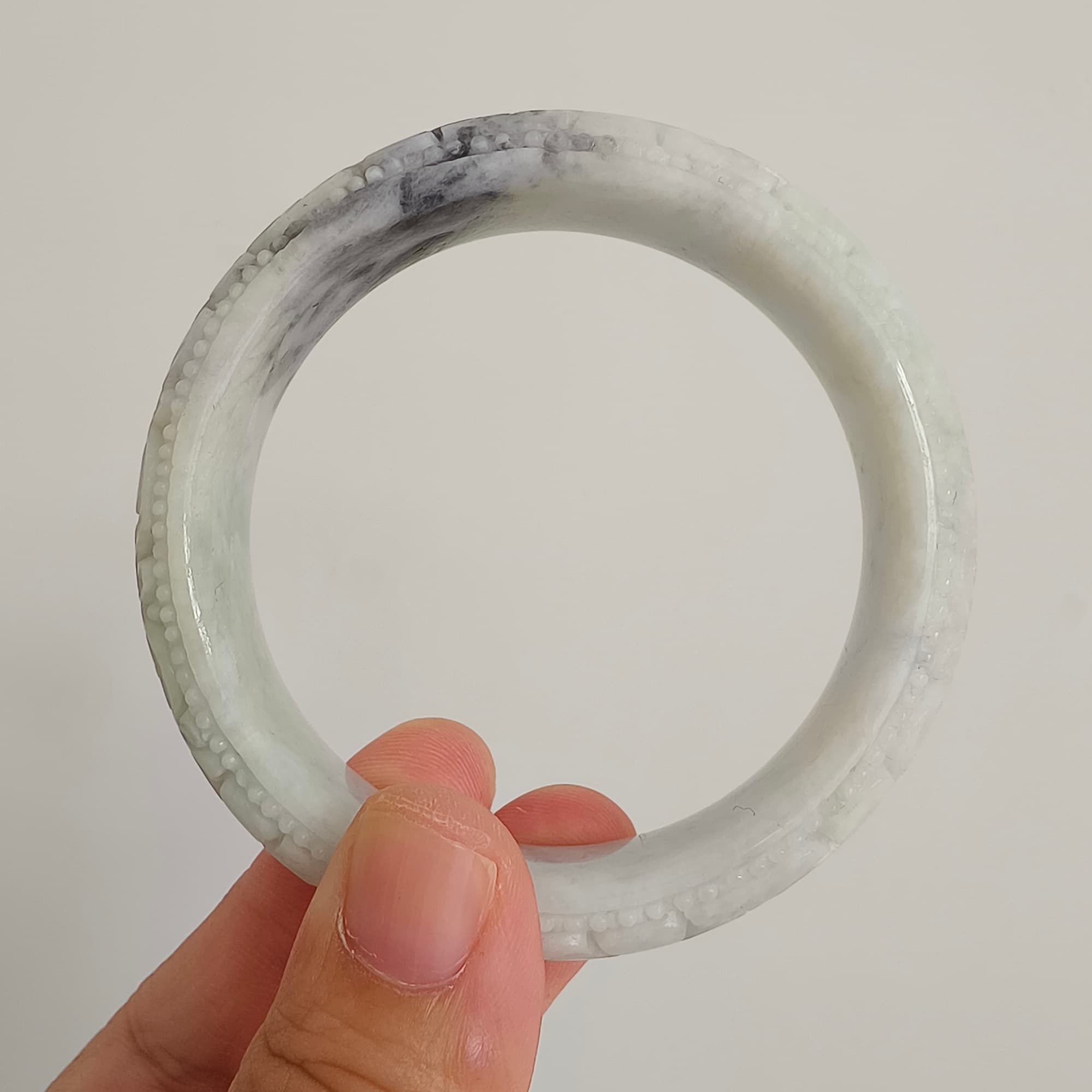 DDP 54.5mm Natural Type A Black Chicken Species Burmese Jadeite Round Band Bangle With Flower Carved