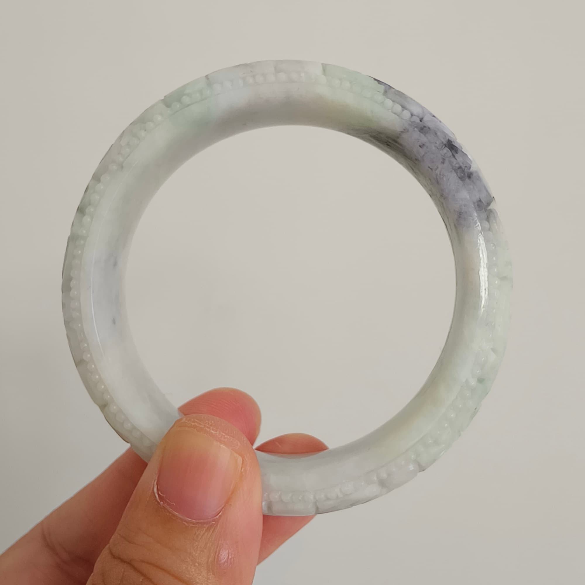 DDP 54.5mm Natural Type A Black Chicken Species Burmese Jadeite Round Band Bangle With Flower Carved