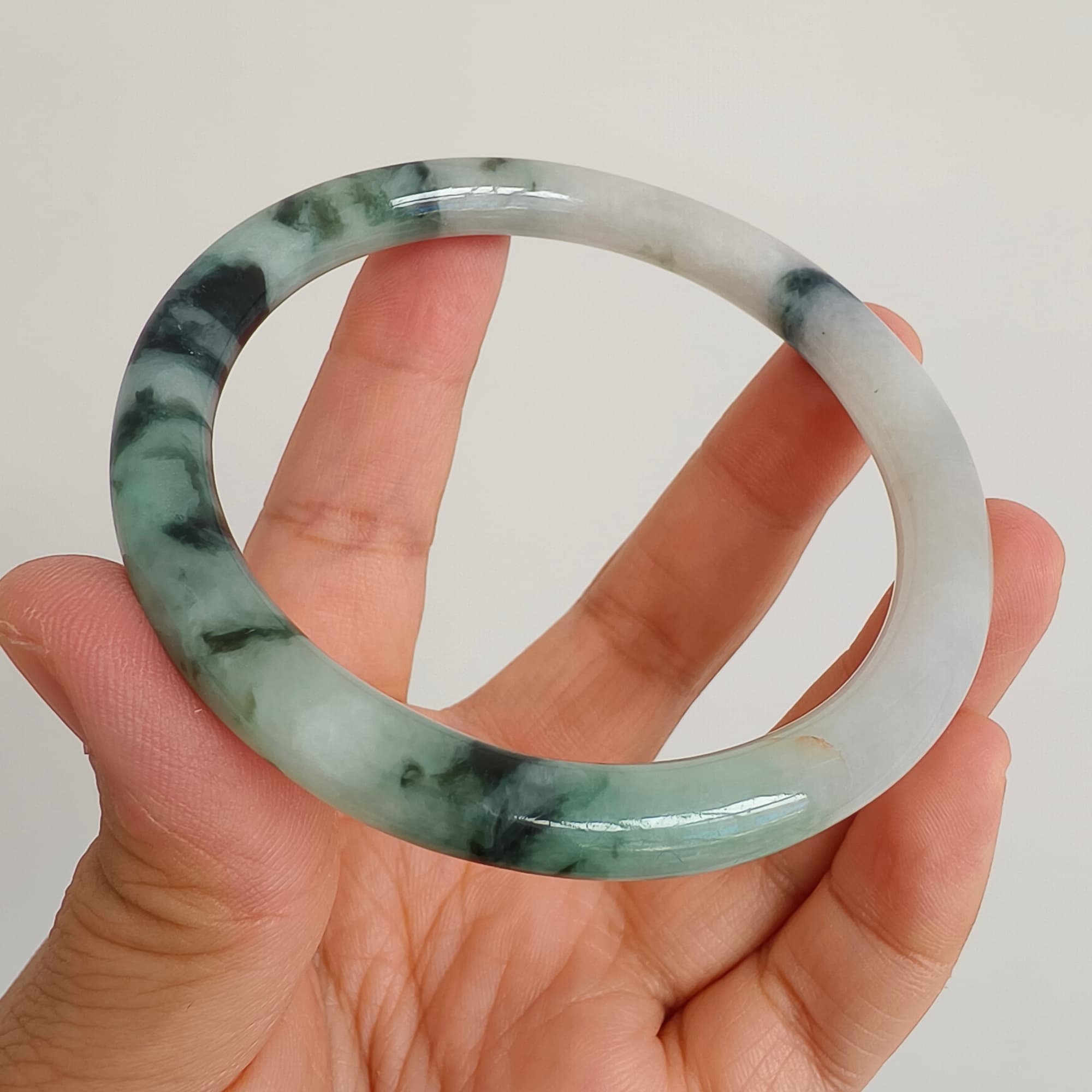 DDP 60mm Natural Type A Certificated Green White Moss In Snow Burmese Jadeite Round Band Bangle