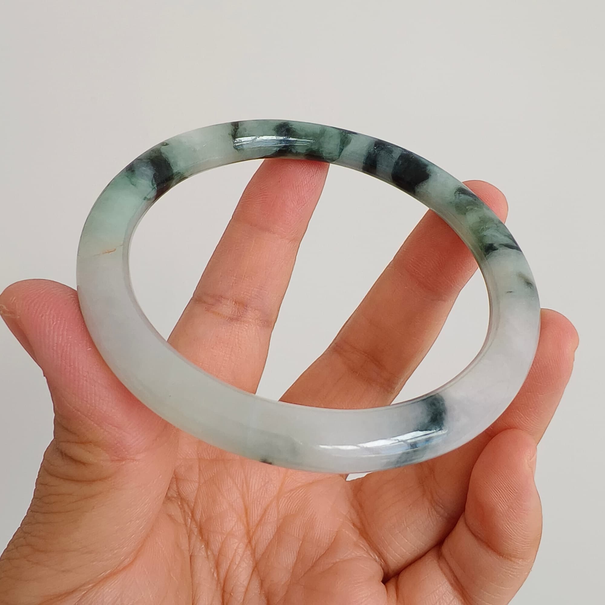DDP 60mm Natural Type A Certificated Green White Moss In Snow Burmese Jadeite Round Band Bangle