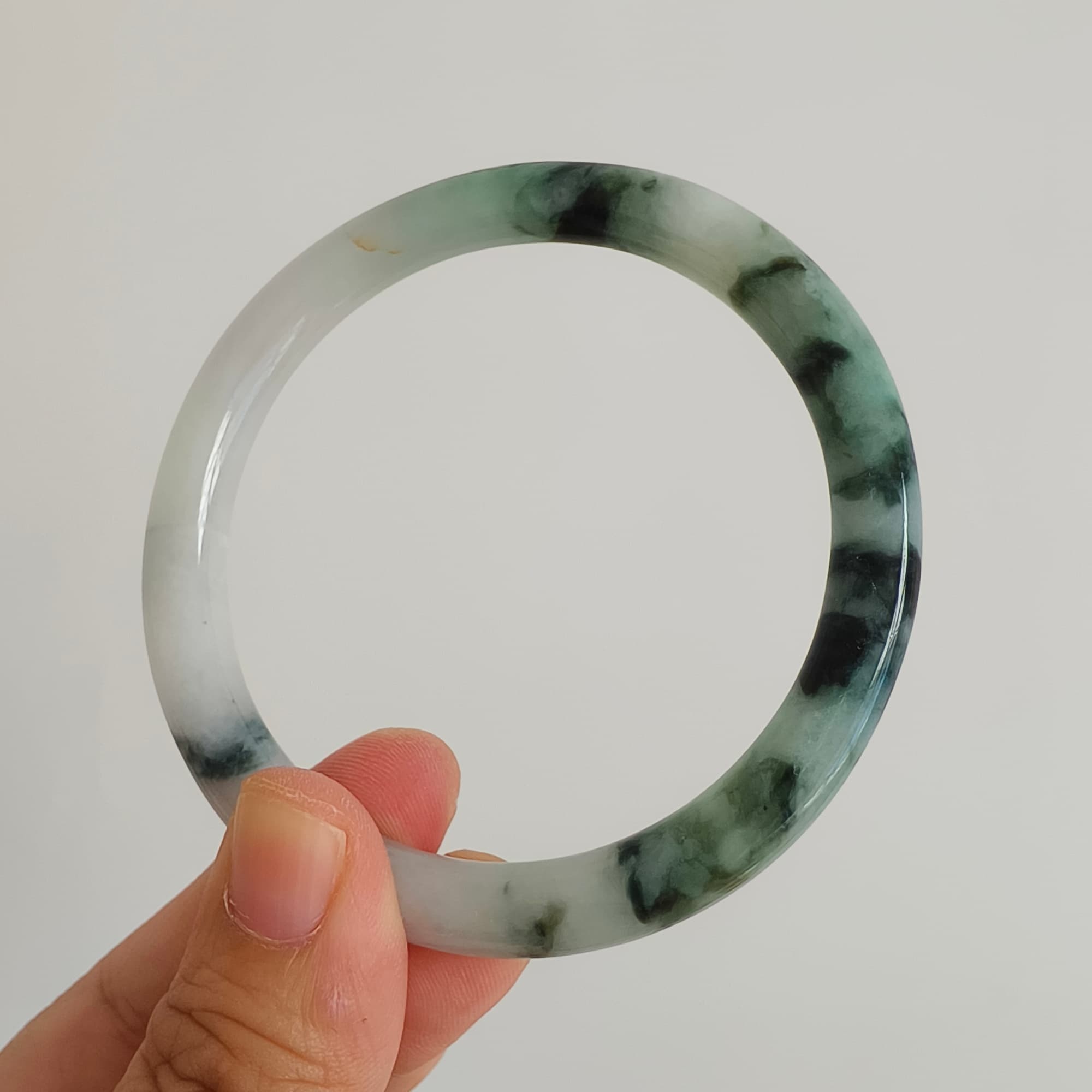 DDP 60mm Natural Type A Certificated Green White Moss In Snow Burmese Jadeite Round Band Bangle