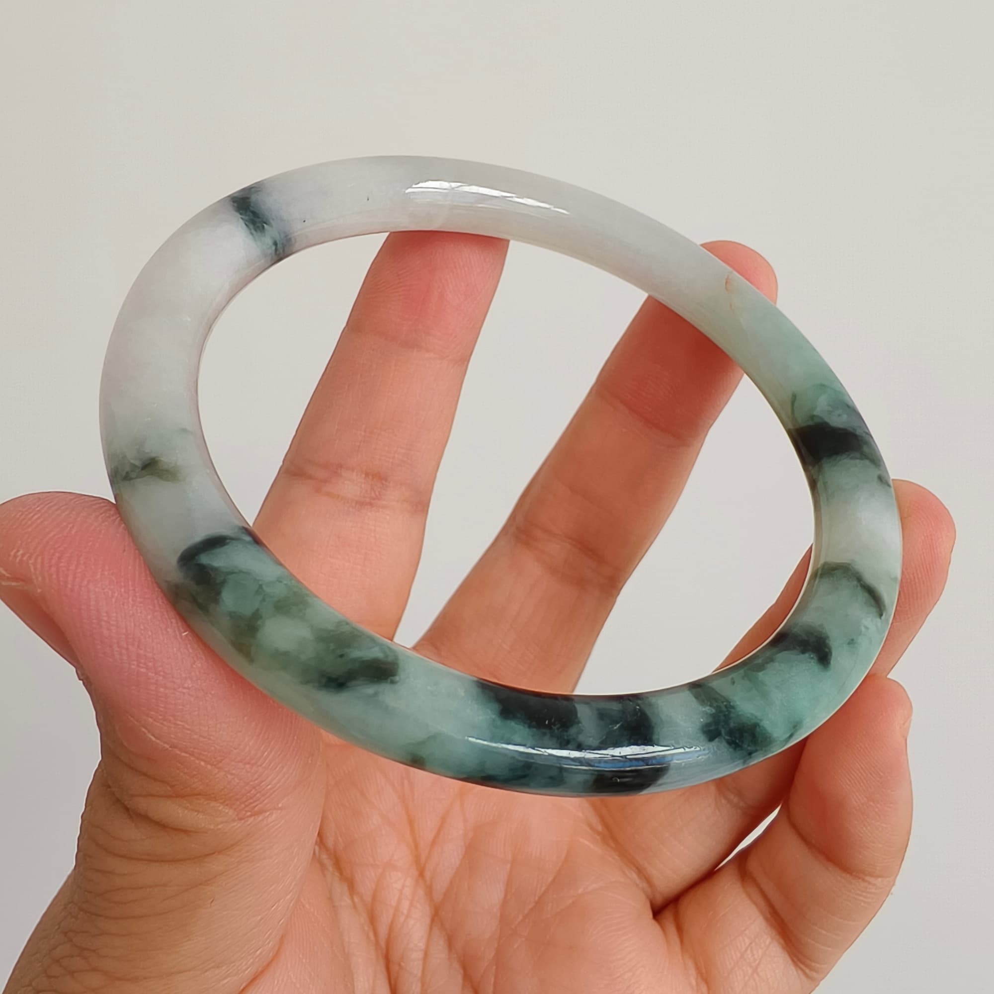 DDP 60mm Natural Type A Certificated Green White Moss In Snow Burmese Jadeite Round Band Bangle