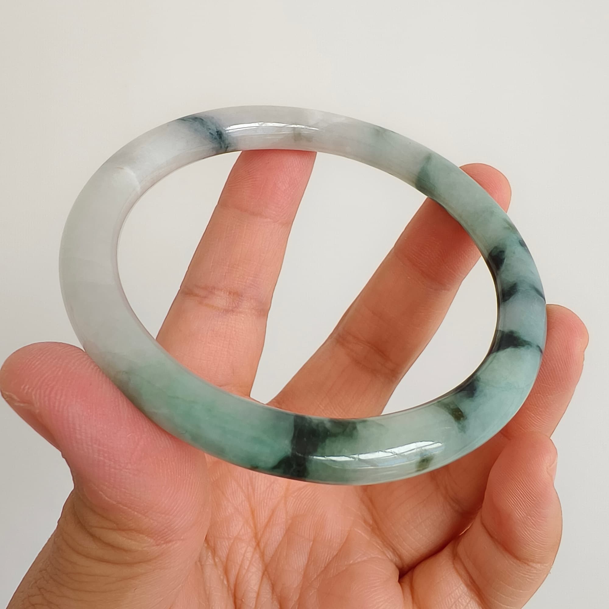DDP 60mm Natural Type A Certificated Green White Moss In Snow Burmese Jadeite Round Band Bangle