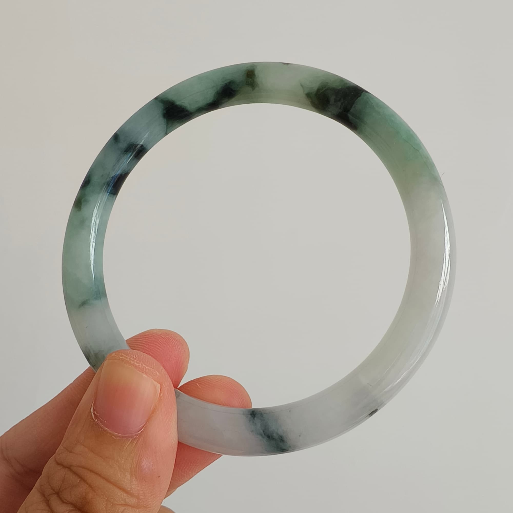DDP 60mm Natural Type A Certificated Green White Moss In Snow Burmese Jadeite Round Band Bangle