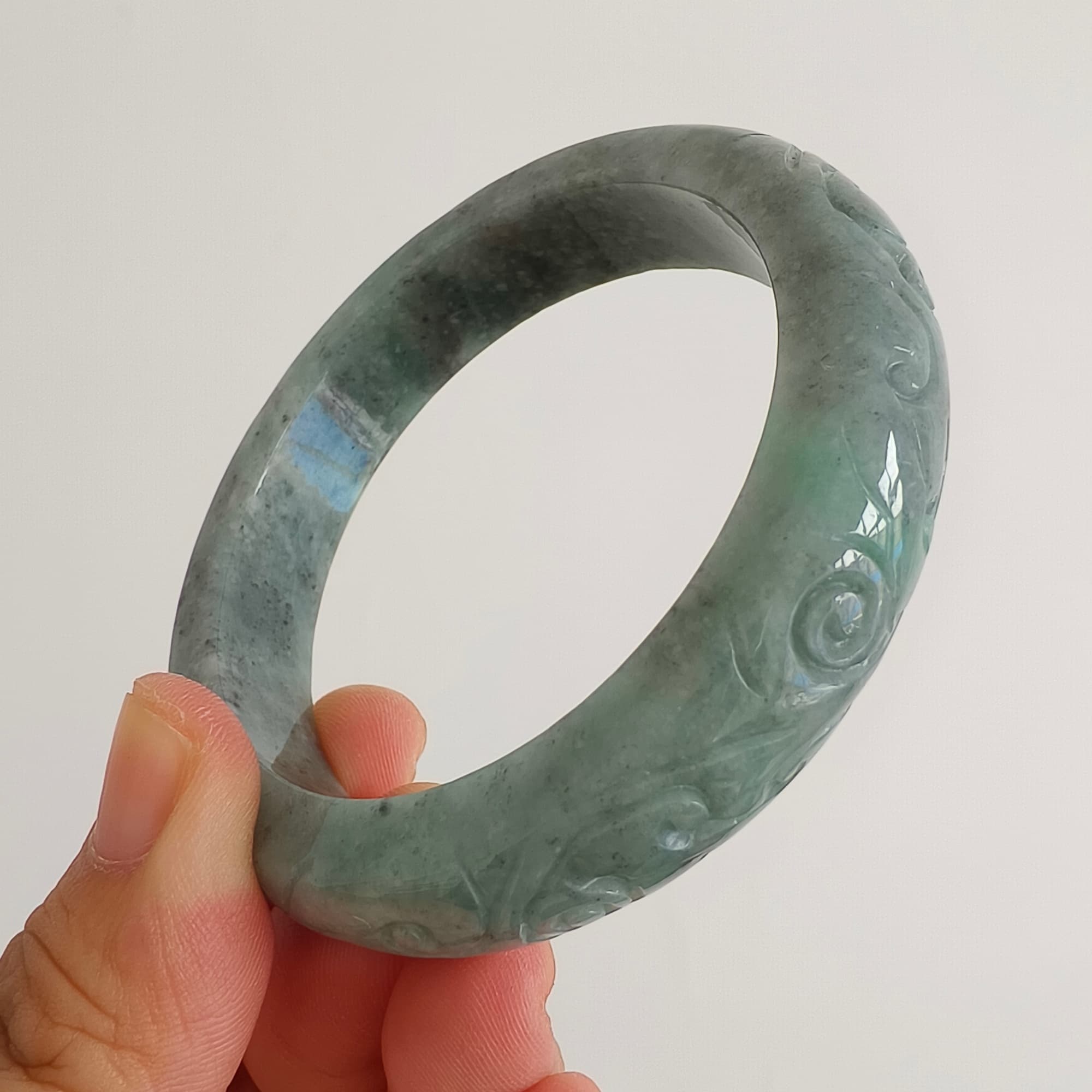 DDP 56mm Natural Type A Black Chicken Species Burmese Jadeite Round Band Bangle With Ruyi Carved