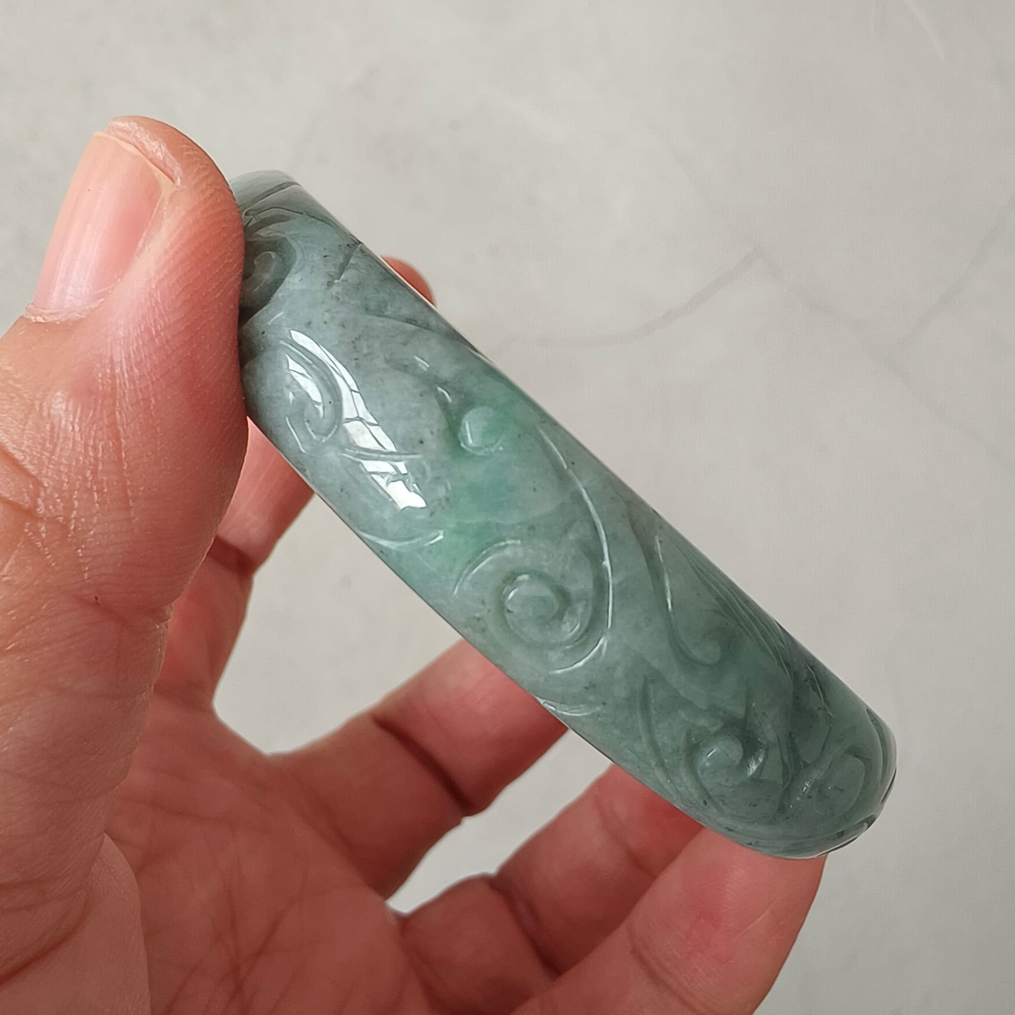 DDP 56mm Natural Type A Black Chicken Species Burmese Jadeite Round Band Bangle With Ruyi Carved