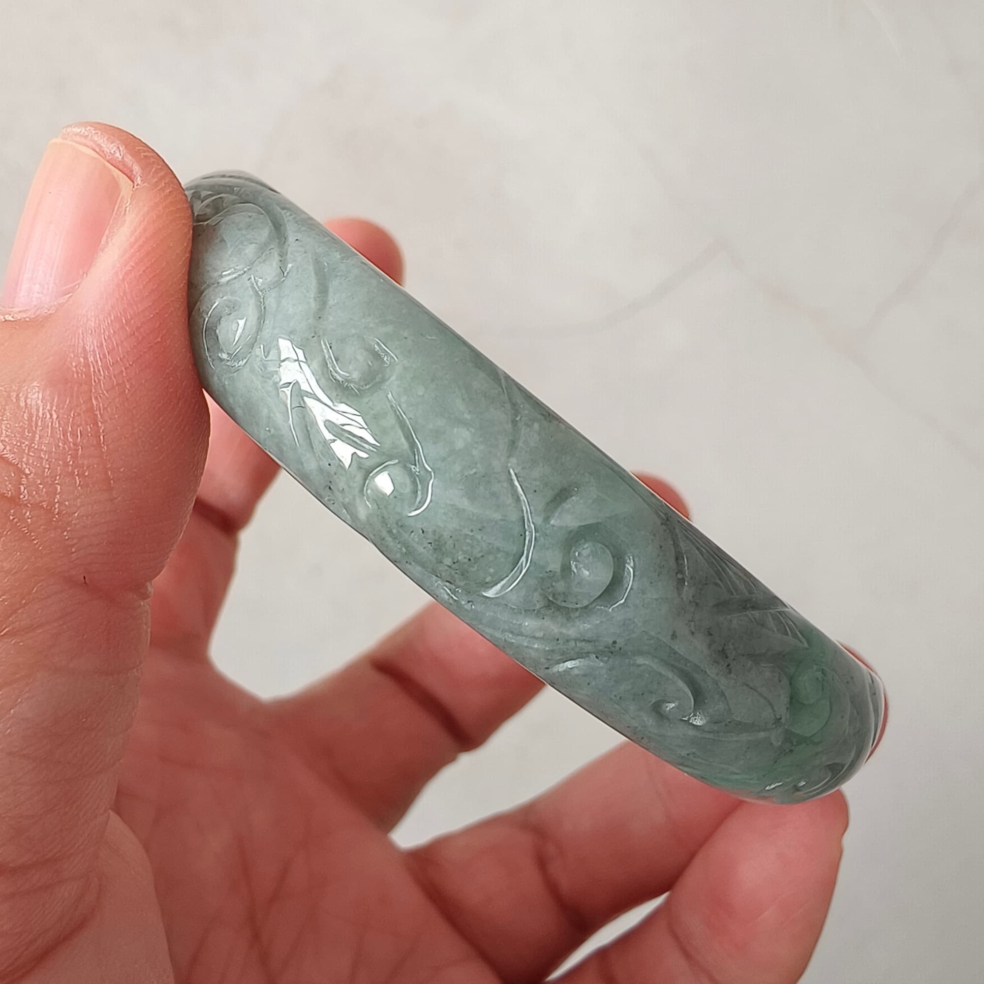 DDP 56mm Natural Type A Black Chicken Species Burmese Jadeite Round Band Bangle With Ruyi Carved