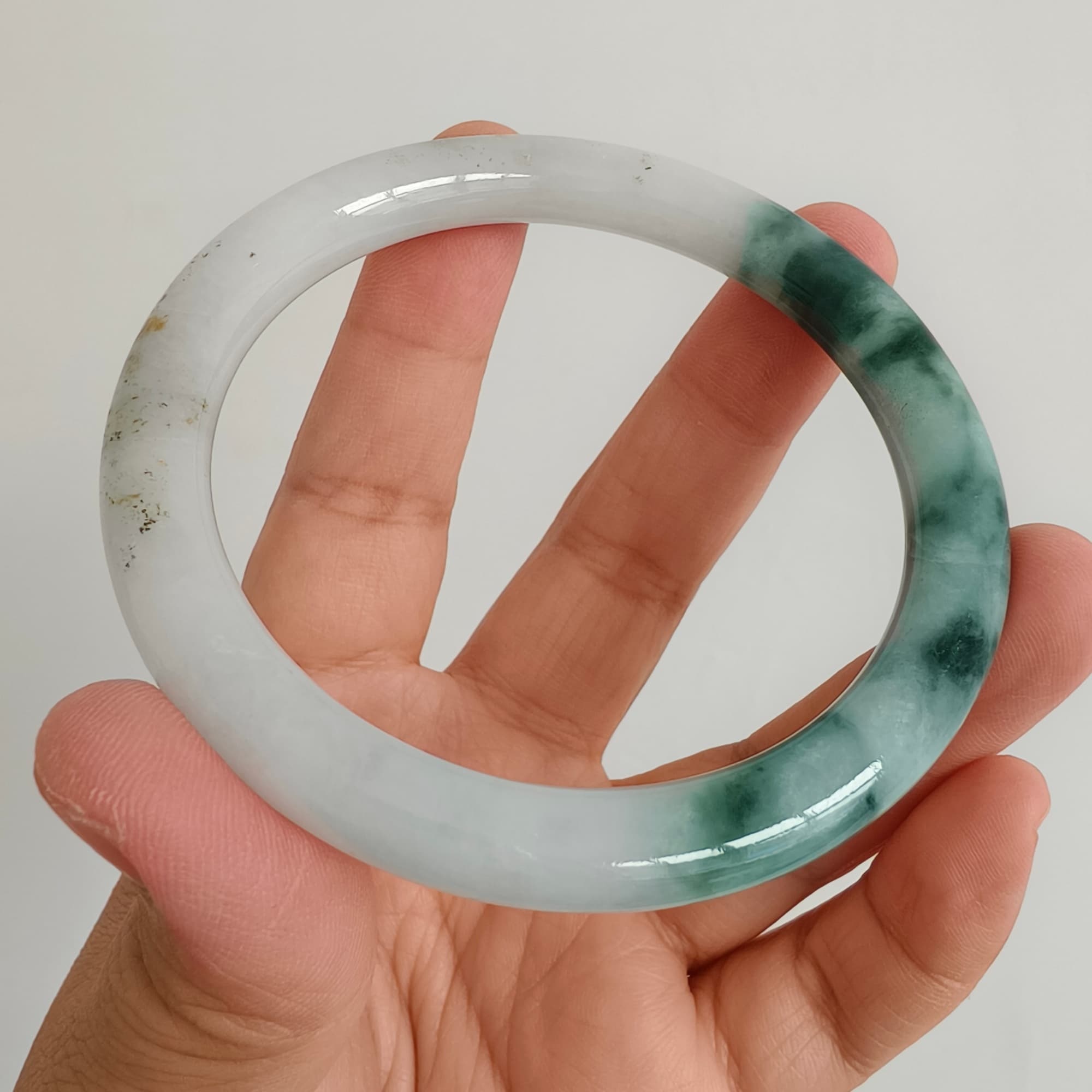 DDP 58.5mm Natural Type A Certificated Green White Moss In Snow Burmese Jadeite Round Band Bangle