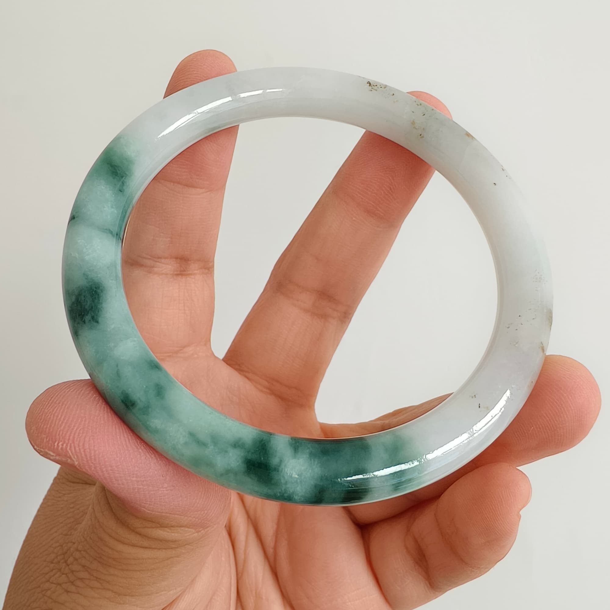 DDP 58.5mm Natural Type A Certificated Green White Moss In Snow Burmese Jadeite Round Band Bangle