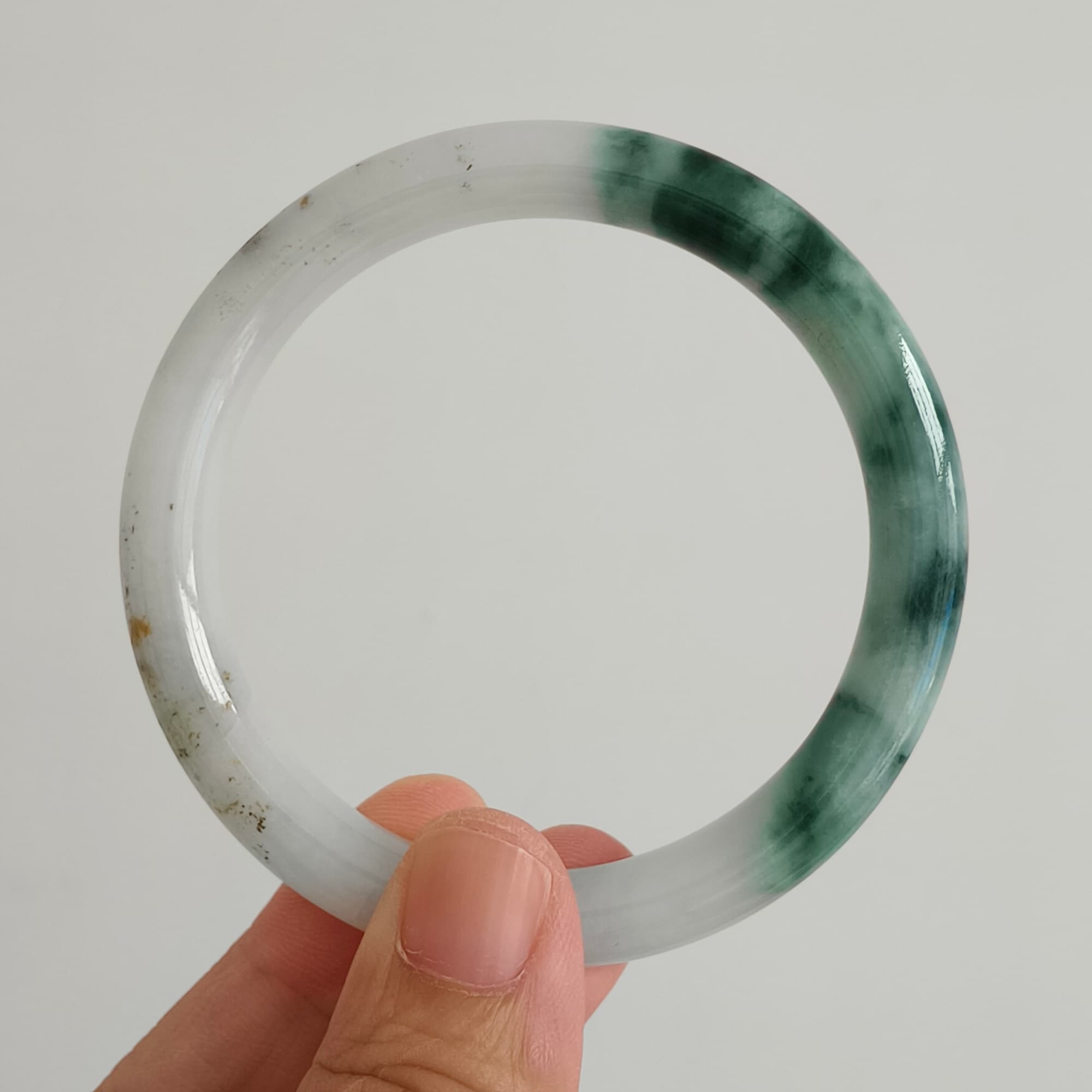 DDP 58.5mm Natural Type A Certificated Green White Moss In Snow Burmese Jadeite Round Band Bangle