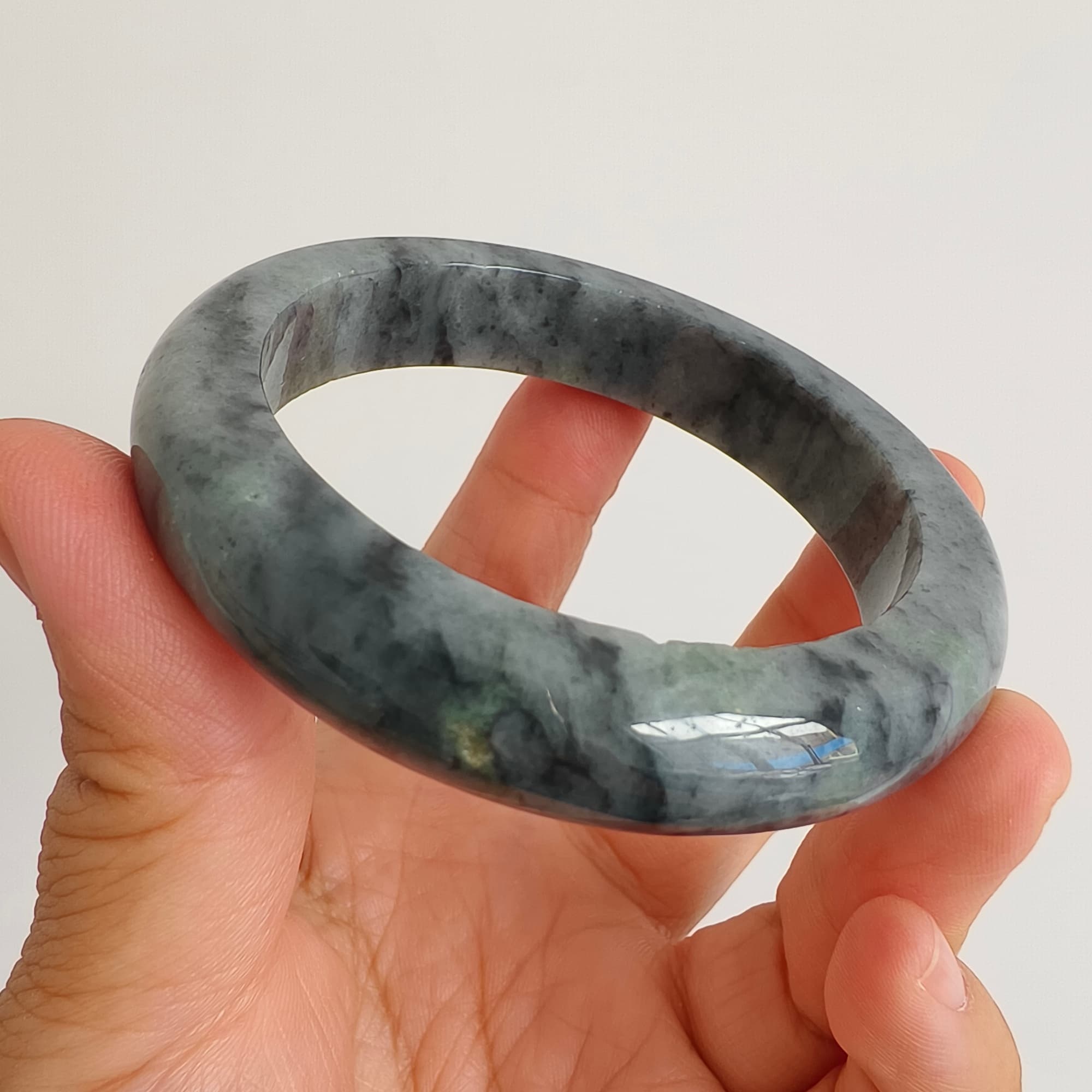 55.5mm Natural Type A Black Chicken Species Burmese Jadeite Round Band Bangle
