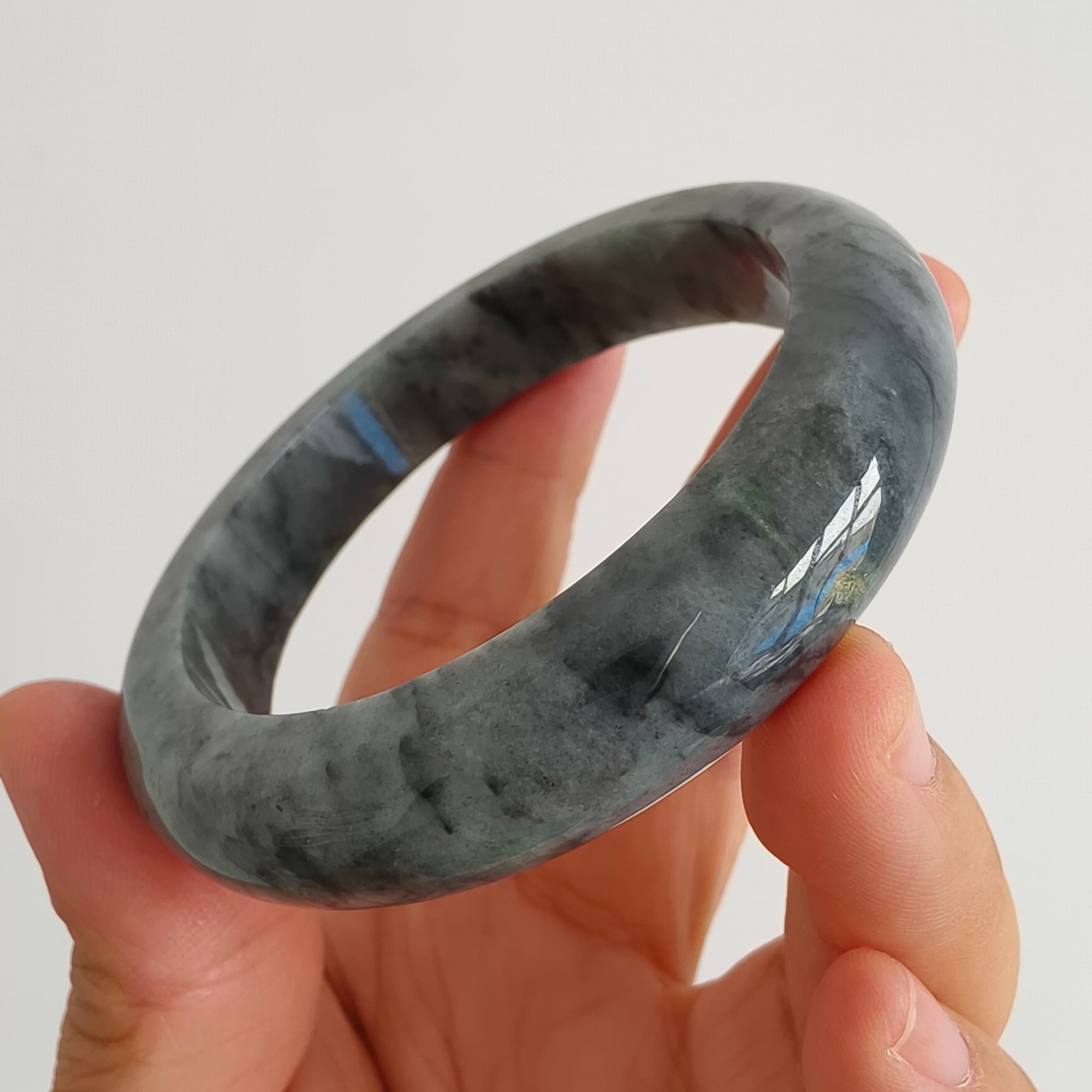 55.5mm Natural Type A Black Chicken Species Burmese Jadeite Round Band Bangle
