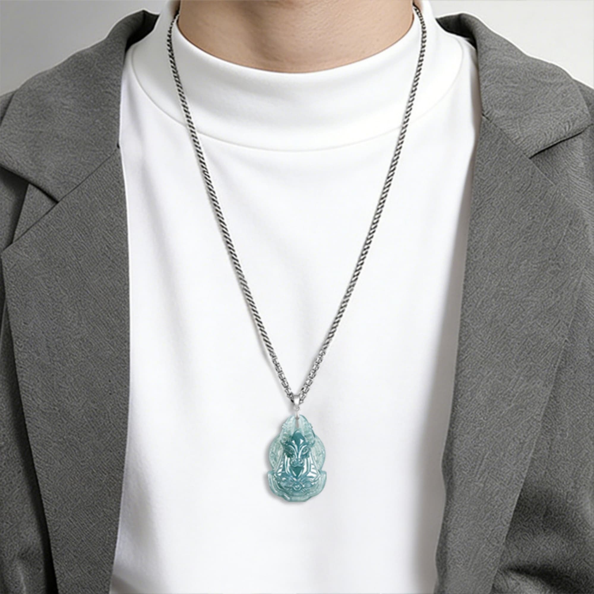 DDP 43.5mm Natural Certificated Type A Untreated Icy Blue Watery Guatemalan Jadeite Anubis Pendan