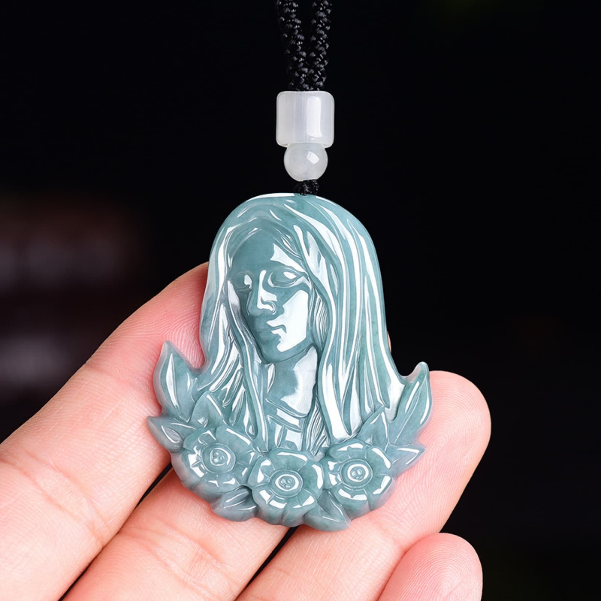 DDP 48.5mm Natural Certificated Type A Untreated Icy Blue Watery Guatemalan Jadeite Virgin Mary Pendant