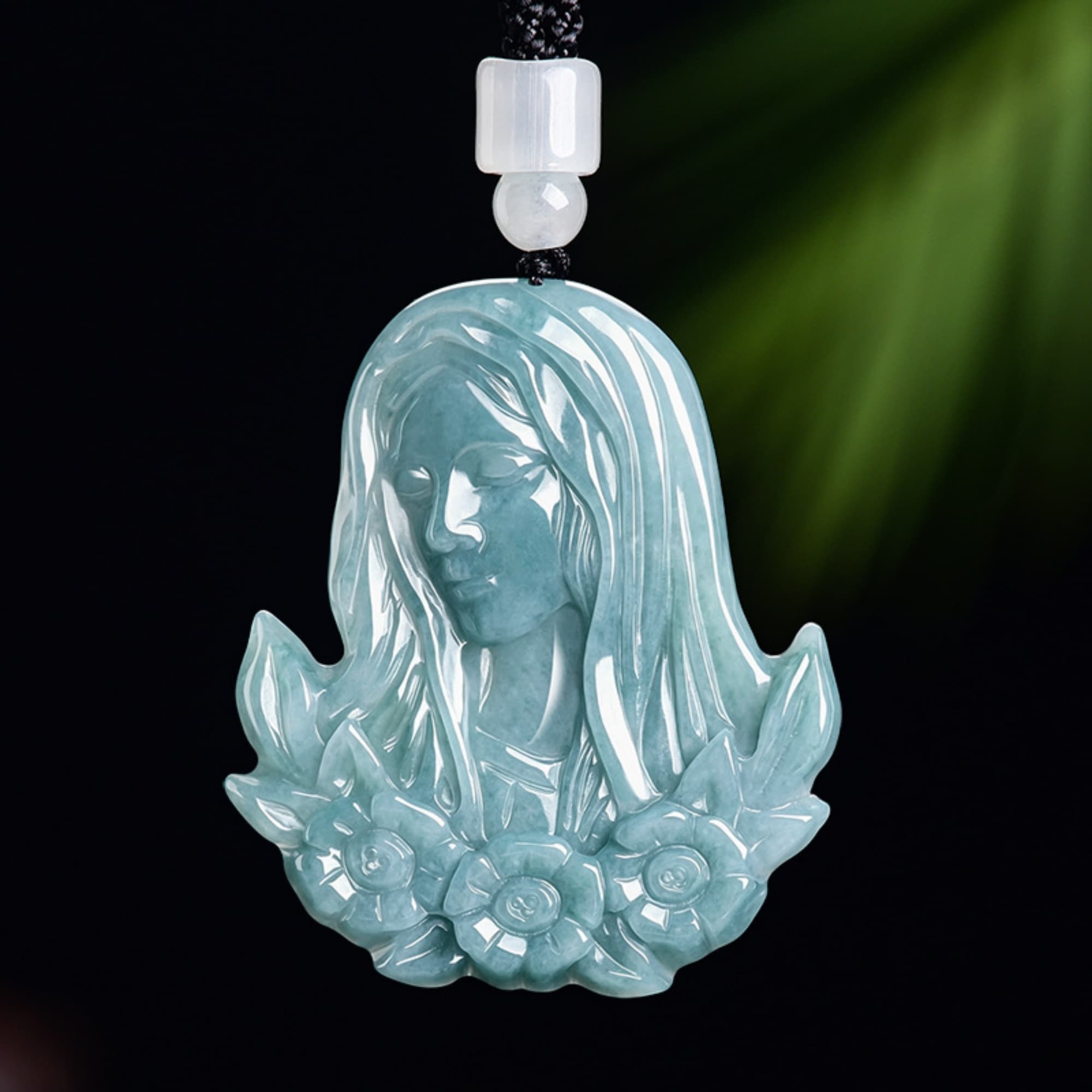 DDP 48.5mm Natural Certificated Type A Untreated Icy Blue Watery Guatemalan Jadeite Virgin Mary Pendant