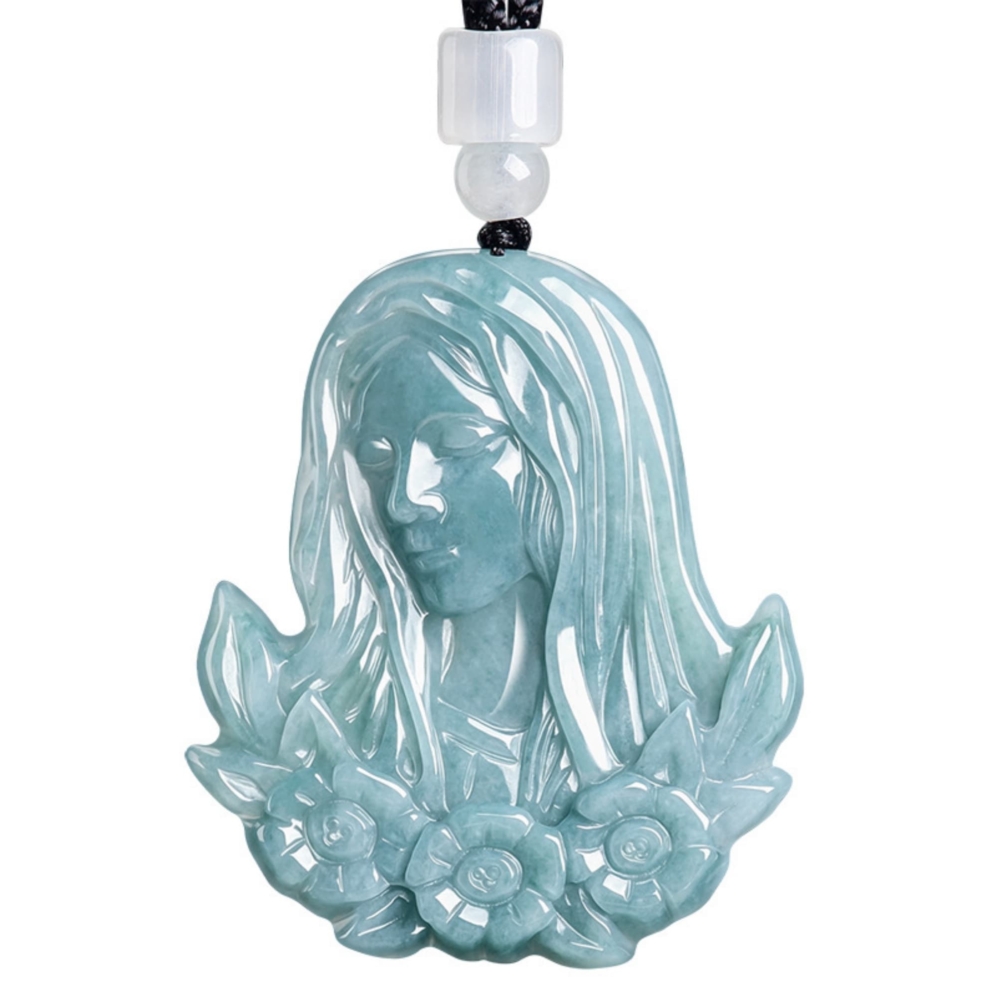 DDP 48.5mm Natural Certificated Type A Untreated Icy Blue Watery Guatemalan Jadeite Virgin Mary Pendant