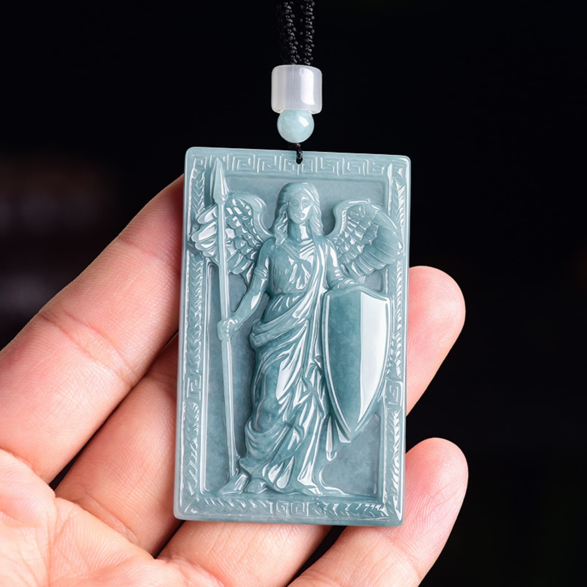 DDP 64mm Natural Certificated Type A Untreated Icy Blue Watery Guatemalan Jadeite Rectangle Pendant With Athena Goddess Carved