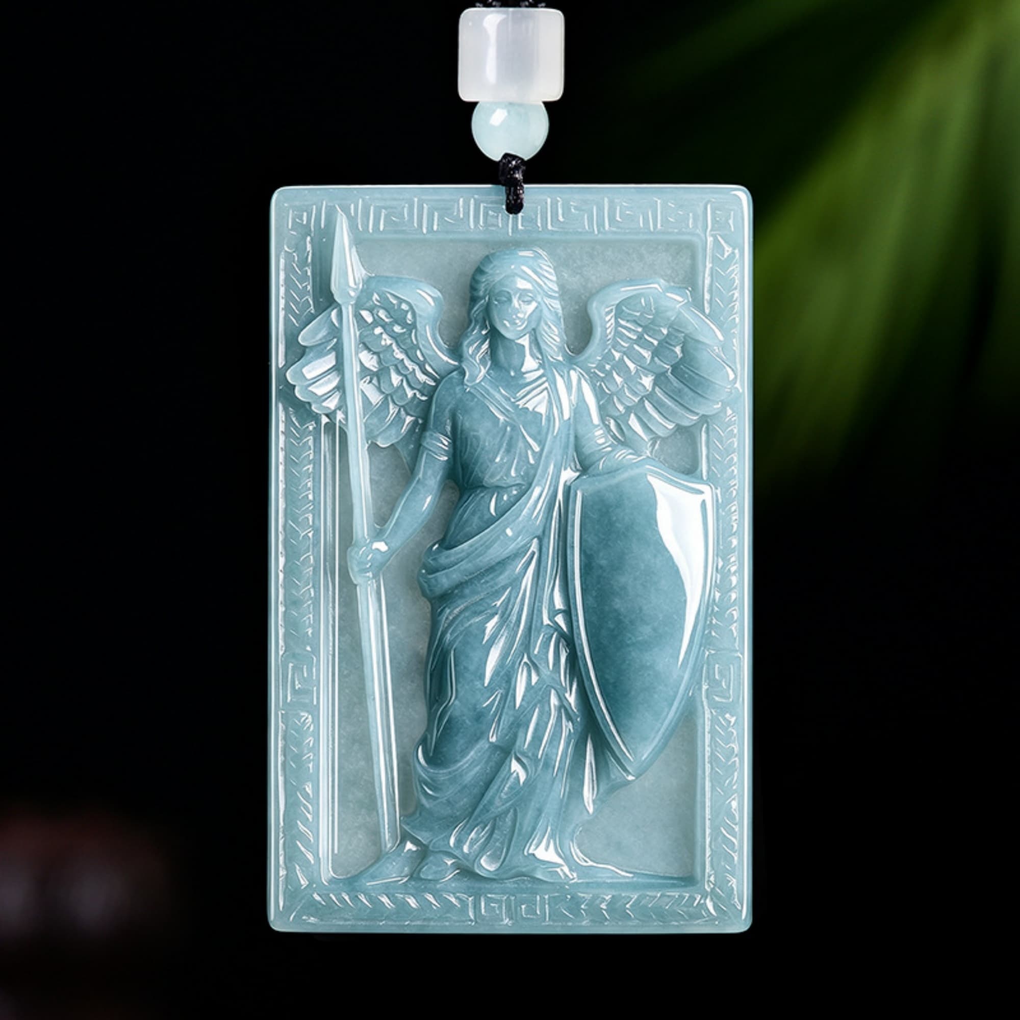 DDP 64mm Natural Certificated Type A Untreated Icy Blue Watery Guatemalan Jadeite Rectangle Pendant With Athena Goddess Carved