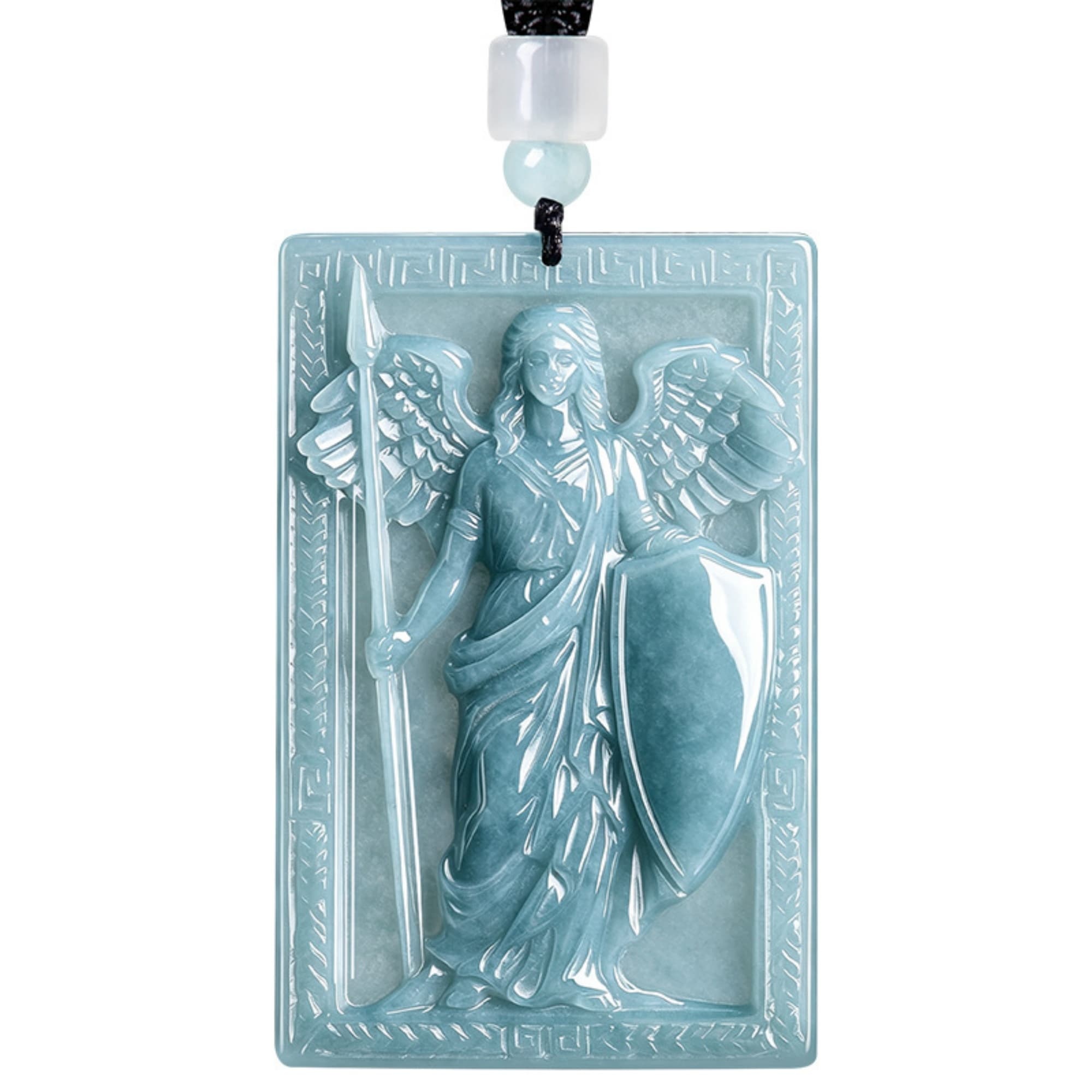 DDP 64mm Natural Certificated Type A Untreated Icy Blue Watery Guatemalan Jadeite Rectangle Pendant With Athena Goddess Carved