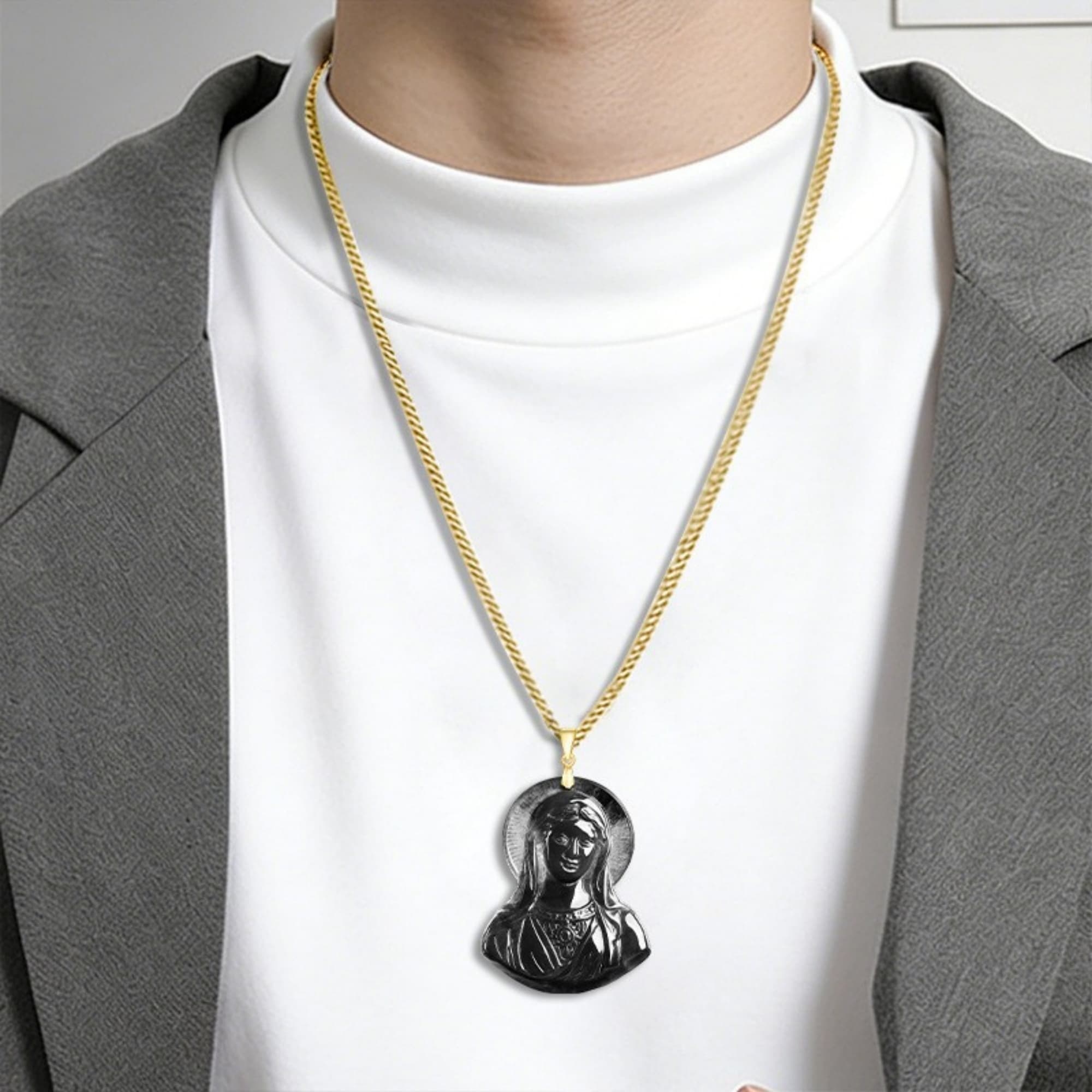 DDP 52mm Natural Certificated Type A Untreated Black Chicken Species Burmese Jadeite Virgin Mary Pendant