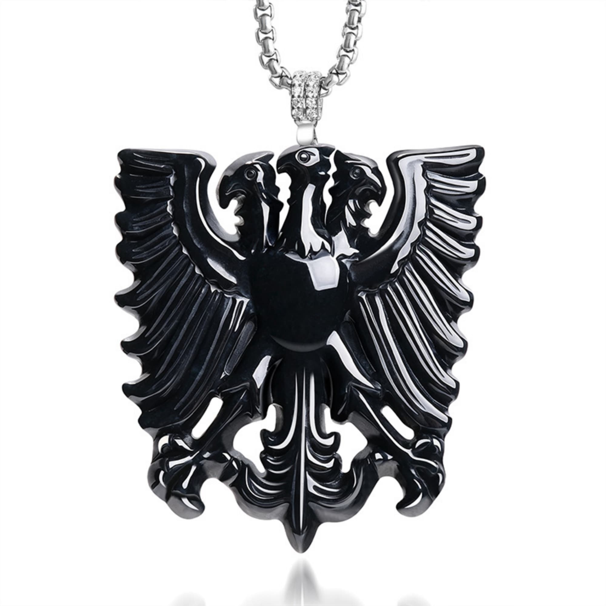 DDP 53mm Natural Certificated Type A Untreated Black Chicken Species Burmese Jadeite Three Headed Eagle Emblem Pendant