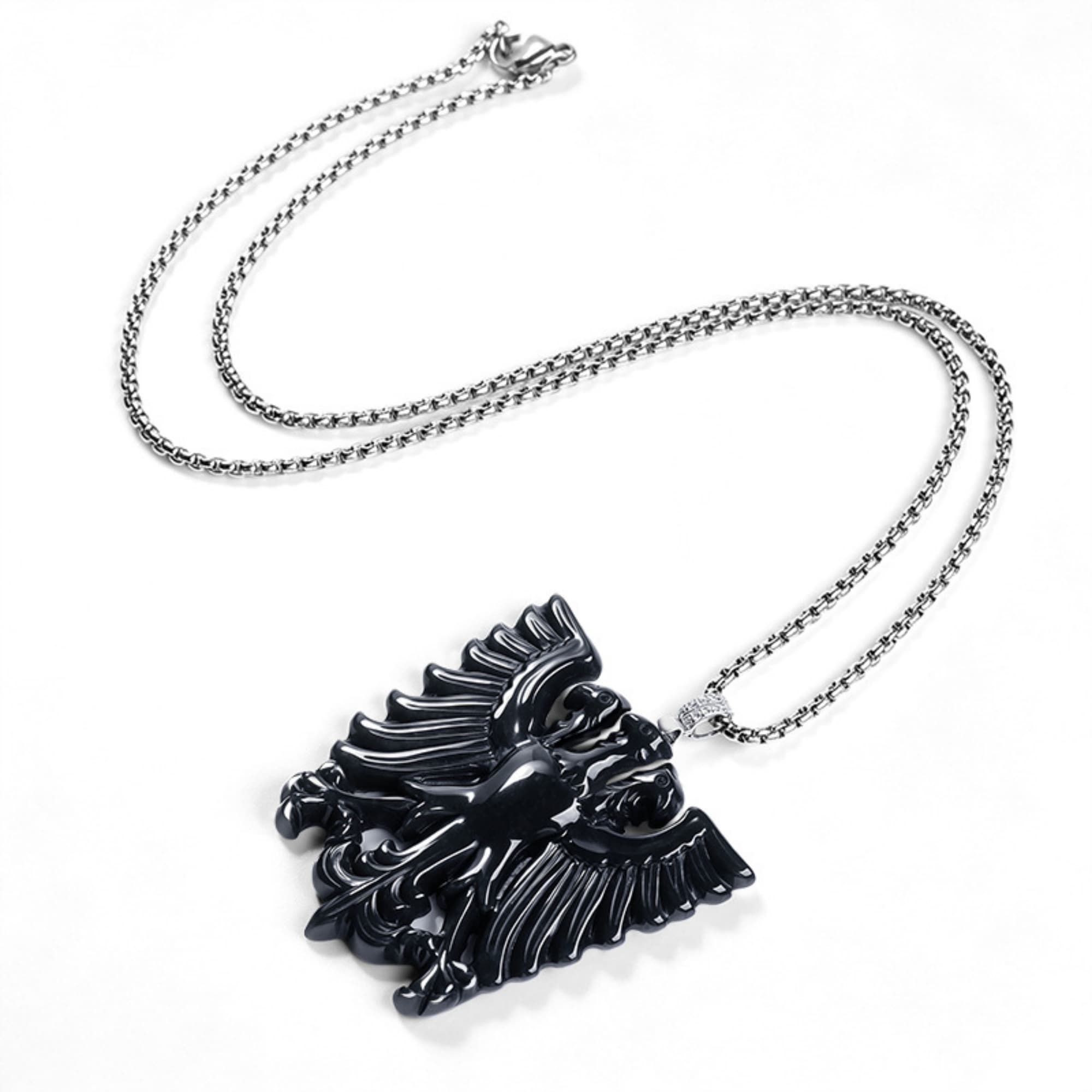 DDP 53mm Natural Certificated Type A Untreated Black Chicken Species Burmese Jadeite Three Headed Eagle Emblem Pendant
