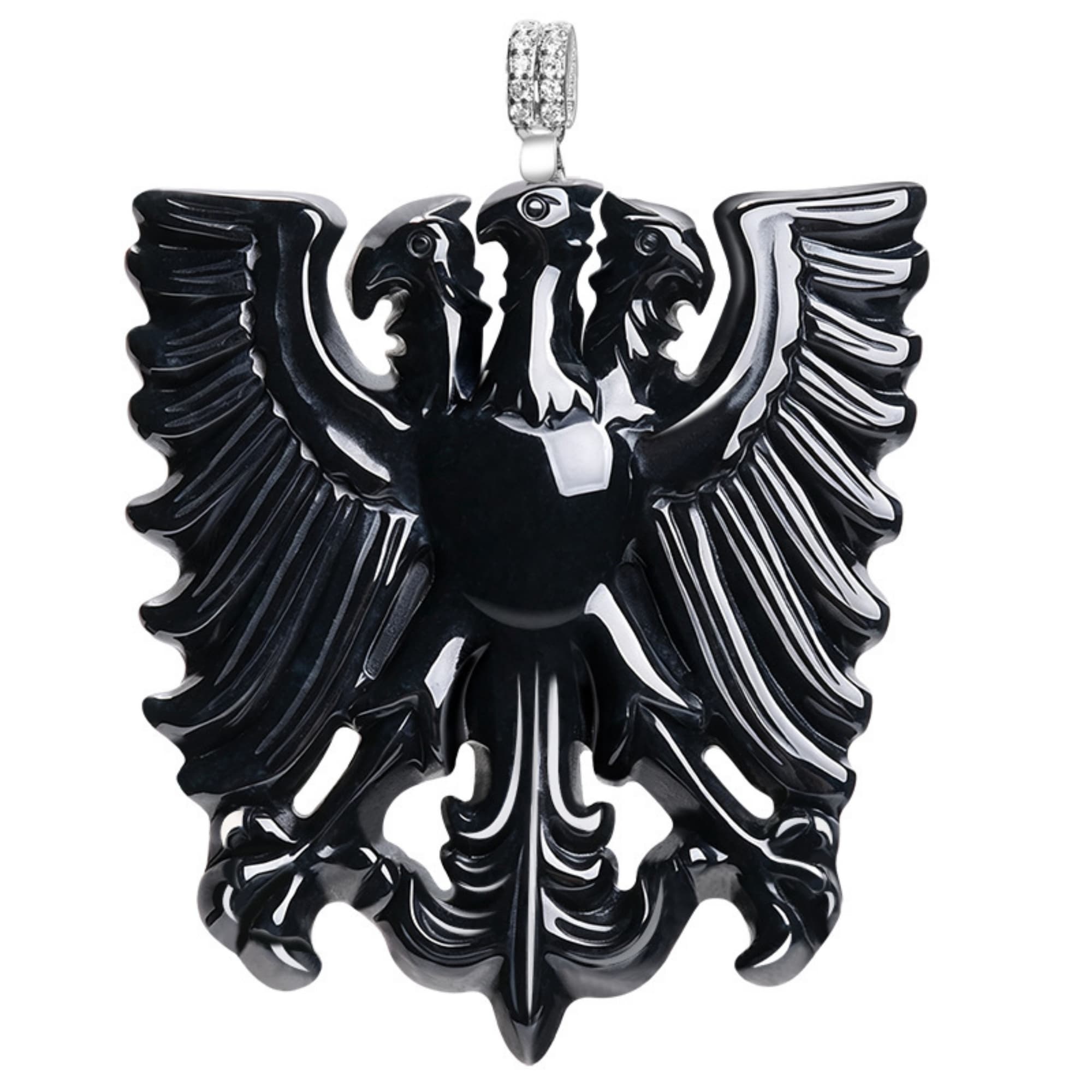 DDP 53mm Natural Certificated Type A Untreated Black Chicken Species Burmese Jadeite Three Headed Eagle Emblem Pendant